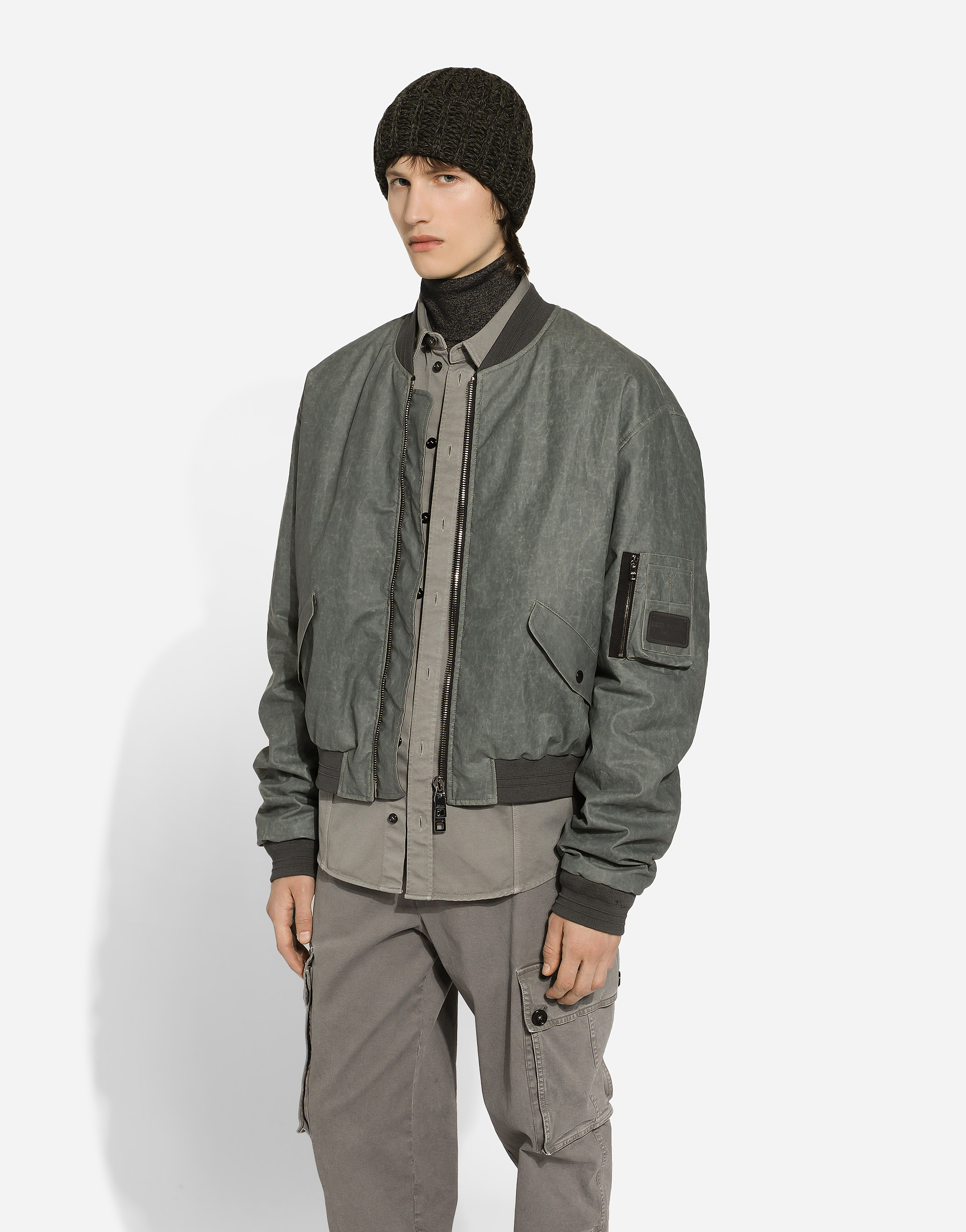 Dolce & Gabbana Gray Oversize Linen Bomber Jacket In Grey
