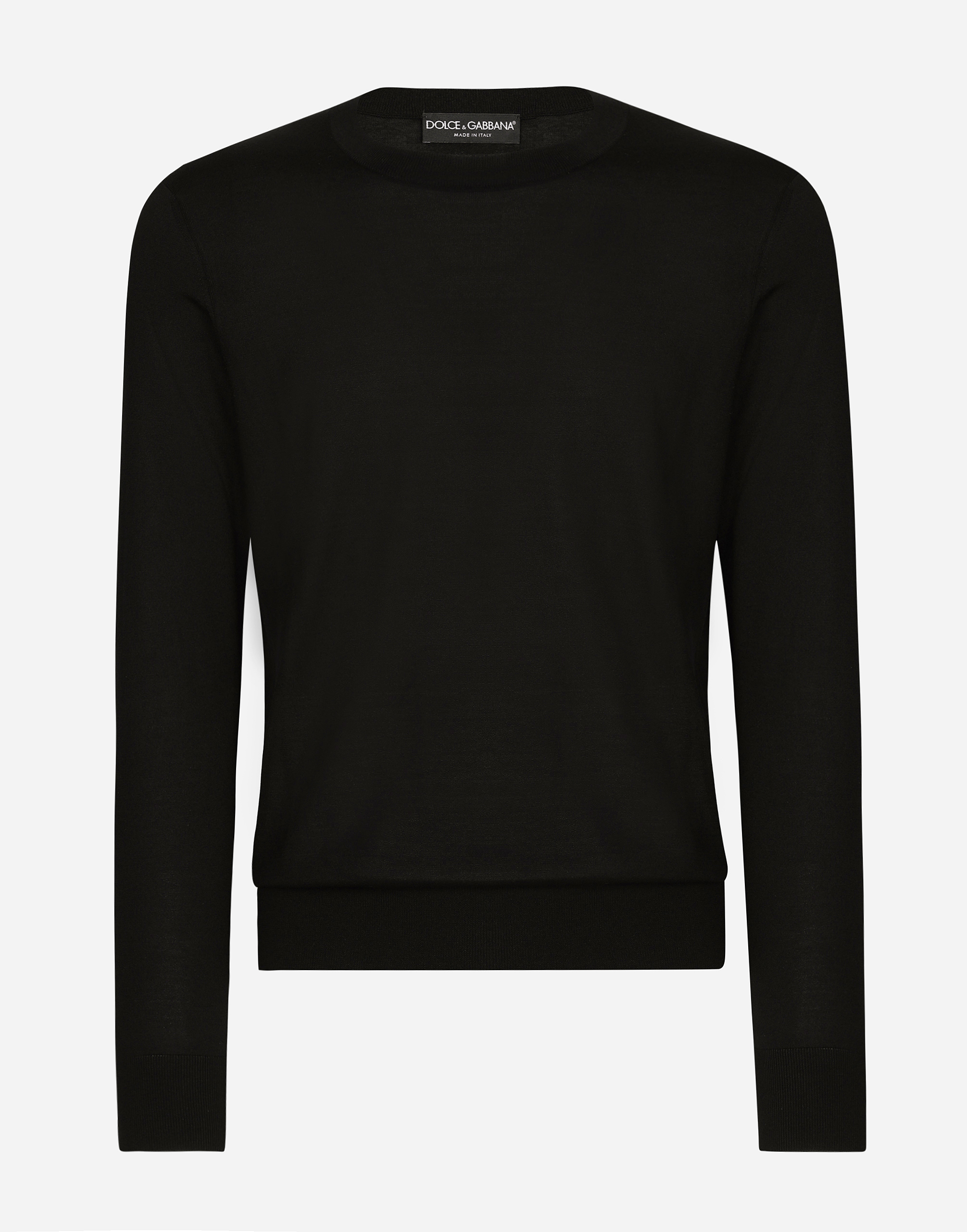 Dolce & Gabbana Round-neck Silk Sweater With Logo - Man Sweaters And Cardigans Black