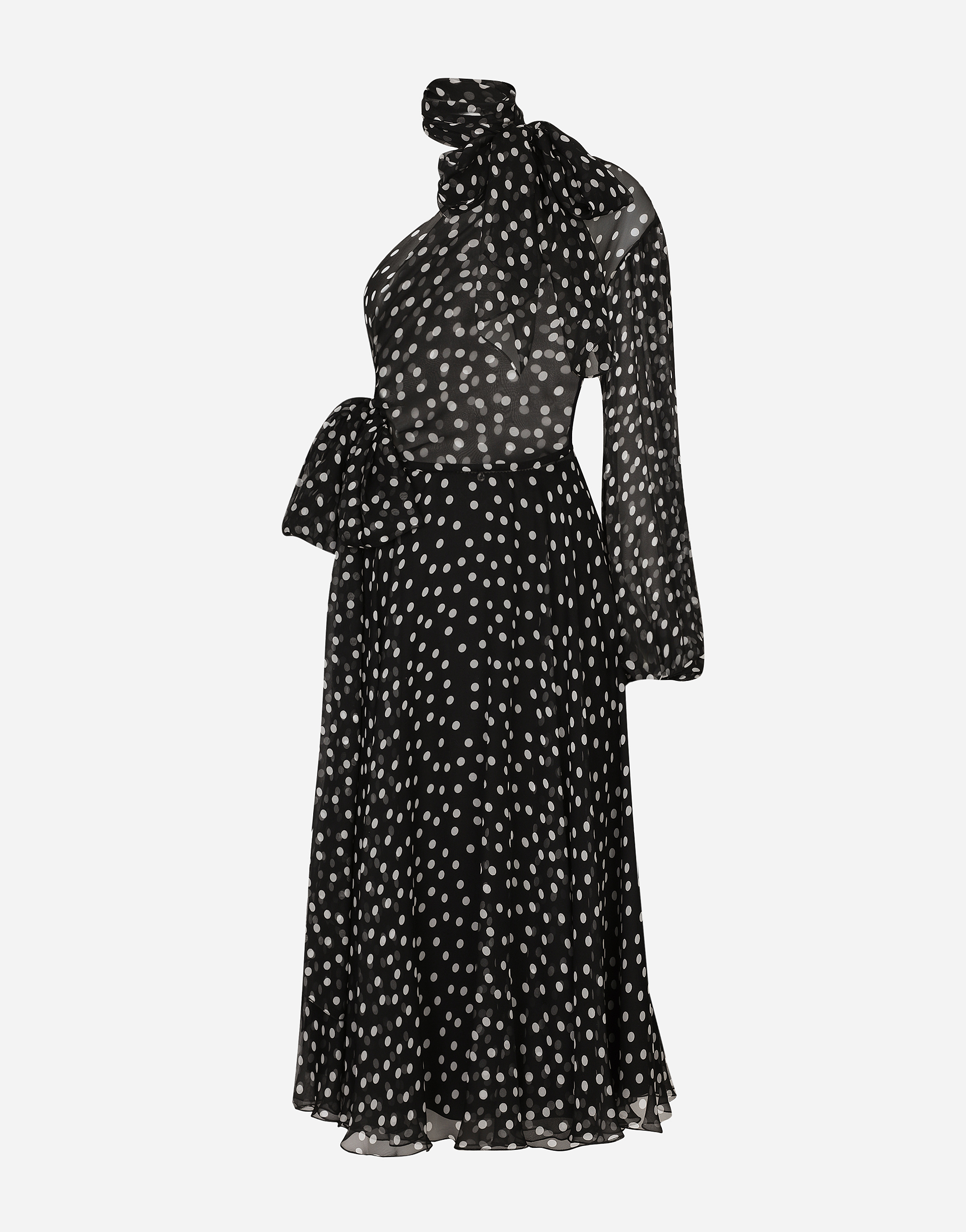 Dolce & Gabbana Coriander Peak Polka-dot Chiffon One-shoulder Bow Midi Dress In Print