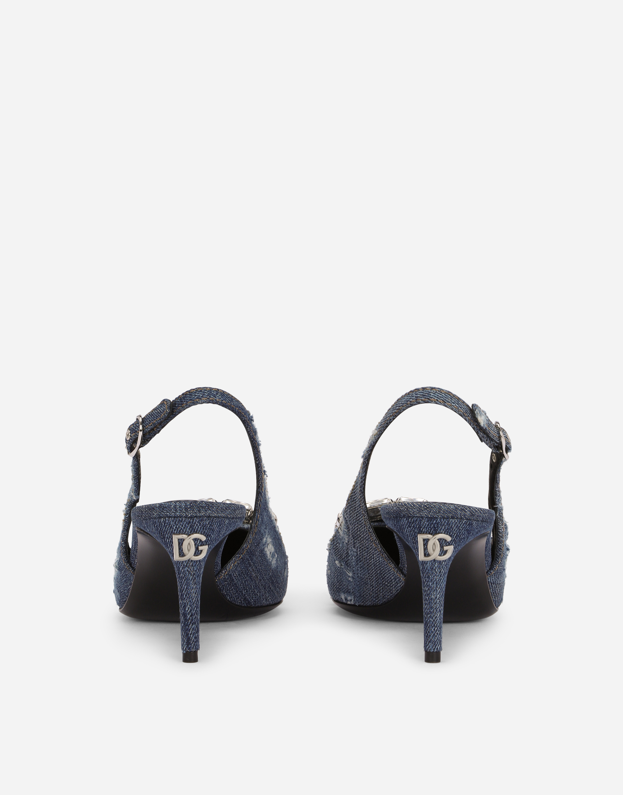 Shop Dolce & Gabbana Patchwork Denim Slingbacks With Rhinestone Buckle In Blue