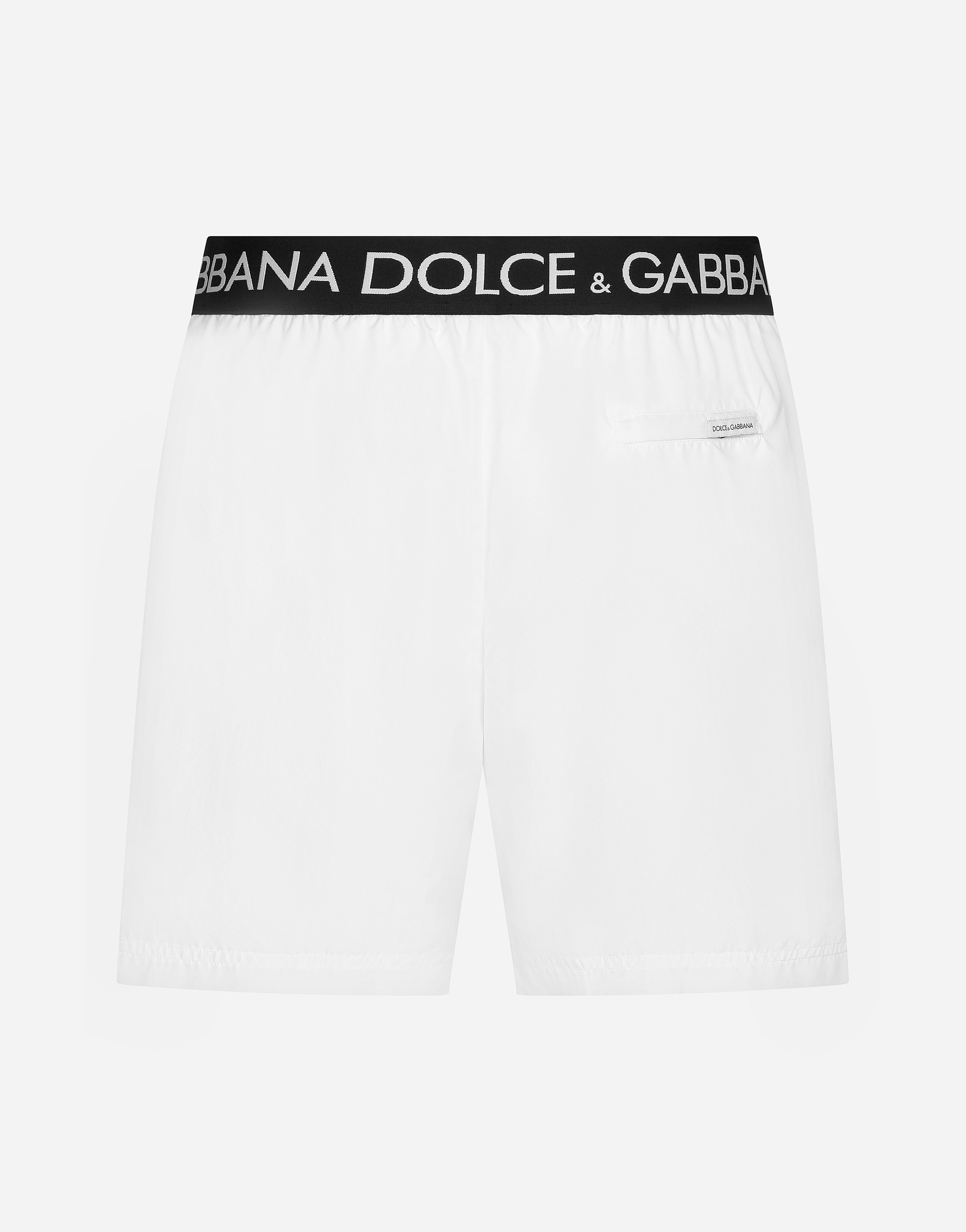 Mid-length swim trunks with branded stretch waistband