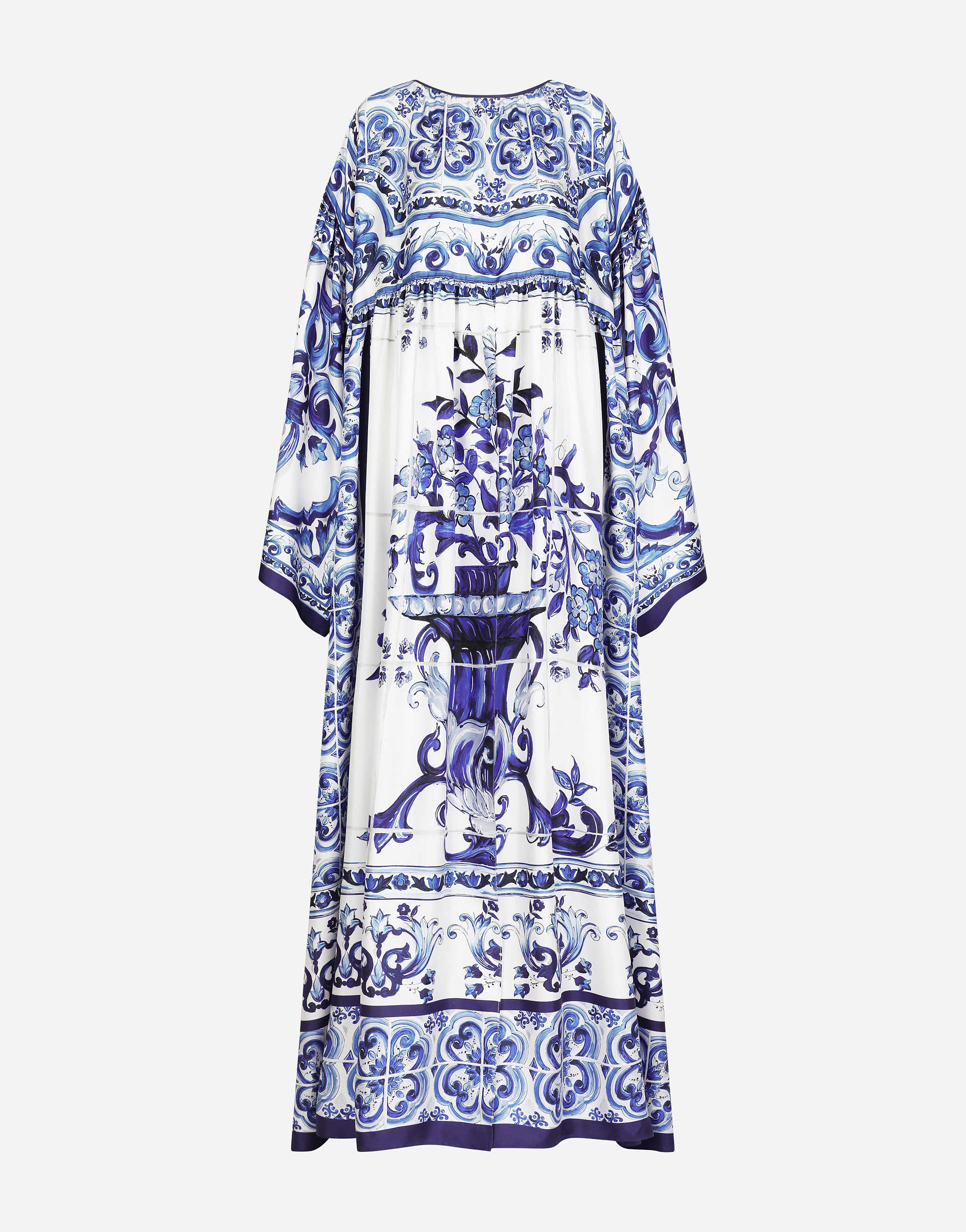 Dolce & Gabbana Silk Twill Caftan With Majolica Print - Woman Dresses Blue