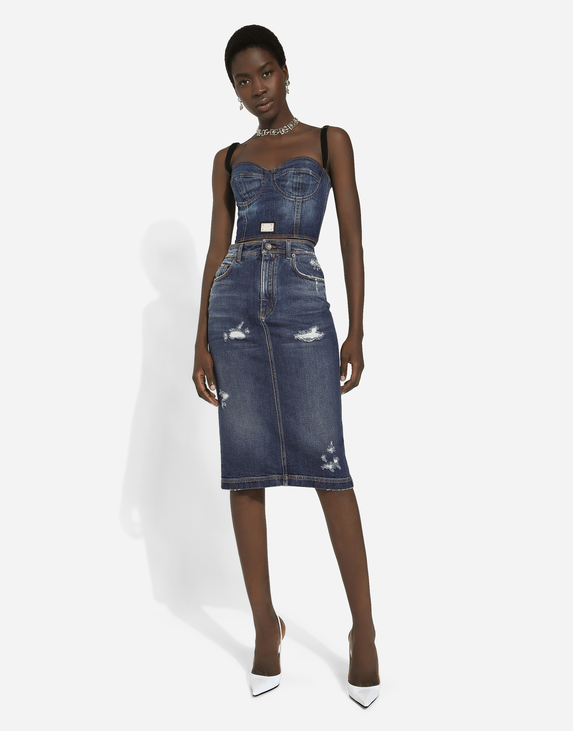 Shop Dolce & Gabbana Denim Corset Top With Logo Tag In Blue