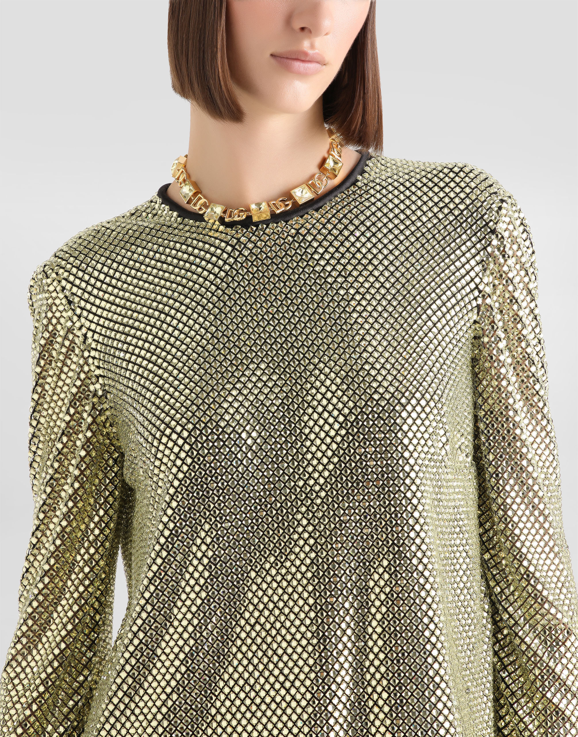 Dolce & Gabbana Crystal-mesh Long-sleeve Top In Gold