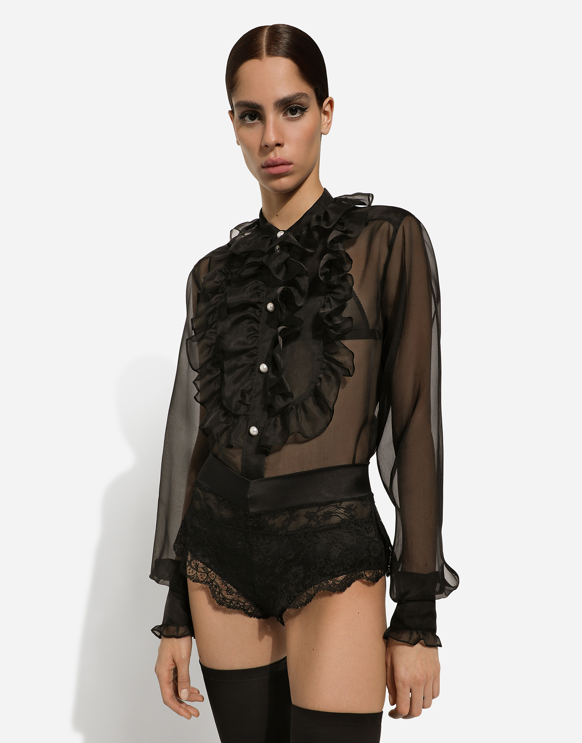 Dolce & Gabbana Organza Ruffles Long-sleeved Shirt In Black