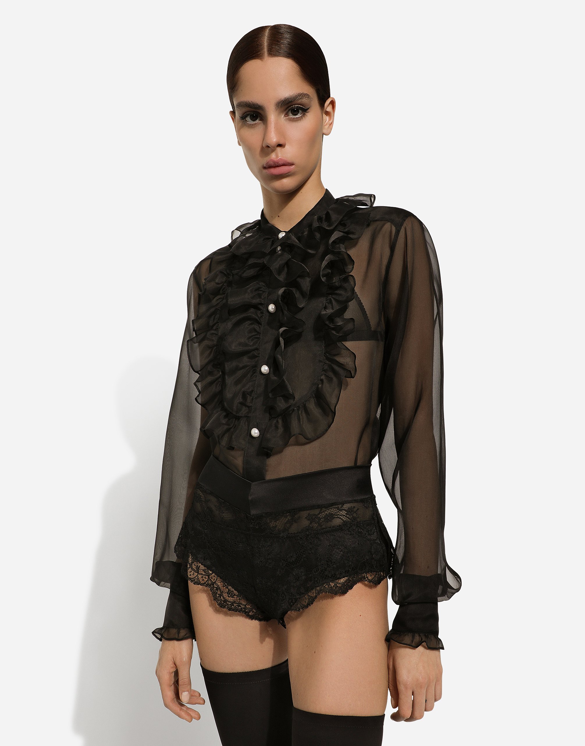 Dolce & Gabbana Organza Ruffles Long-sleeved Shirt In Black