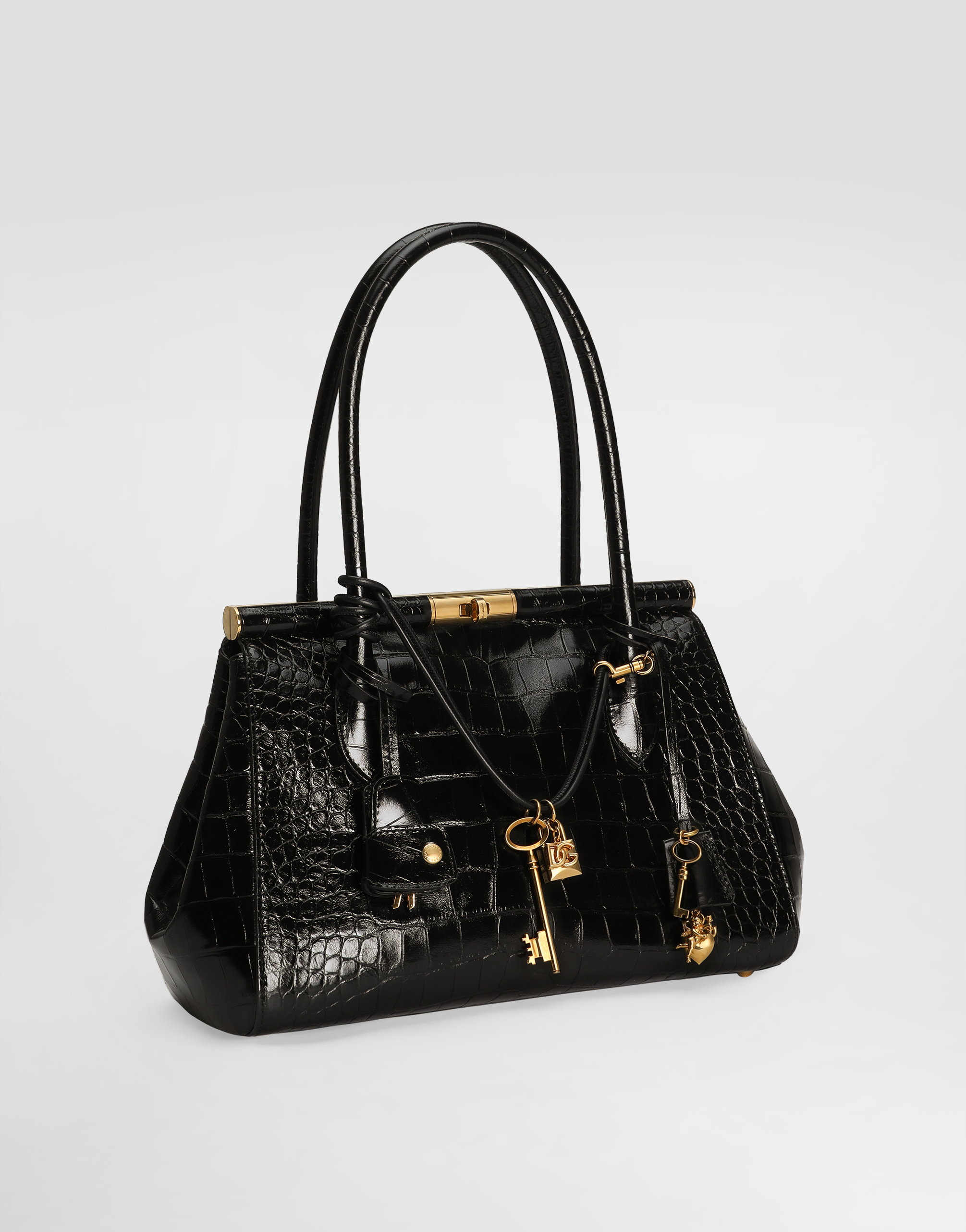 Dolce & Gabbana Marlene Charm Croc-embossed Leather Shoulder Bag In Black