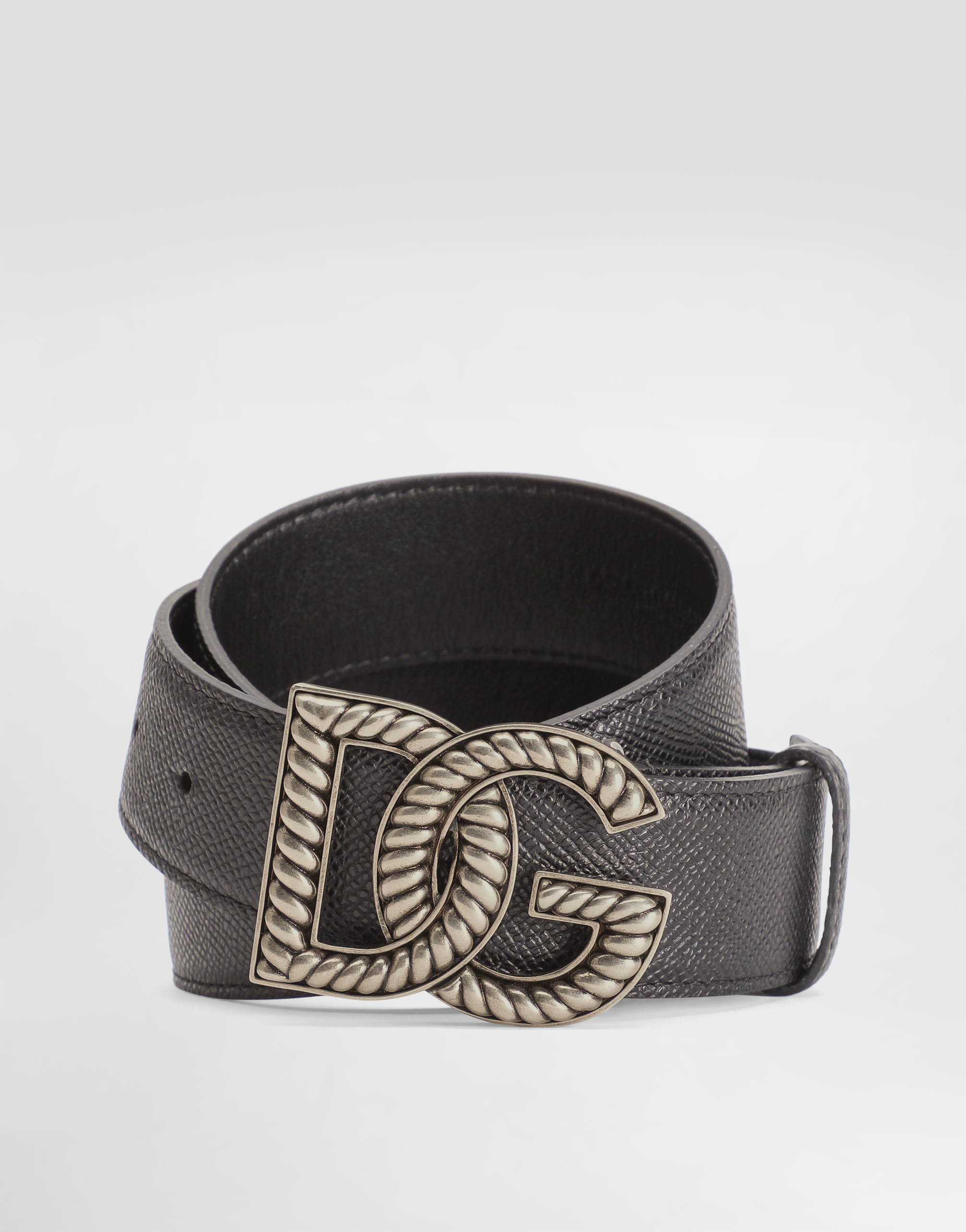 Dolce & Gabbana Men Black Belt With Logo Plaque On The Front In Leather Man In Gray