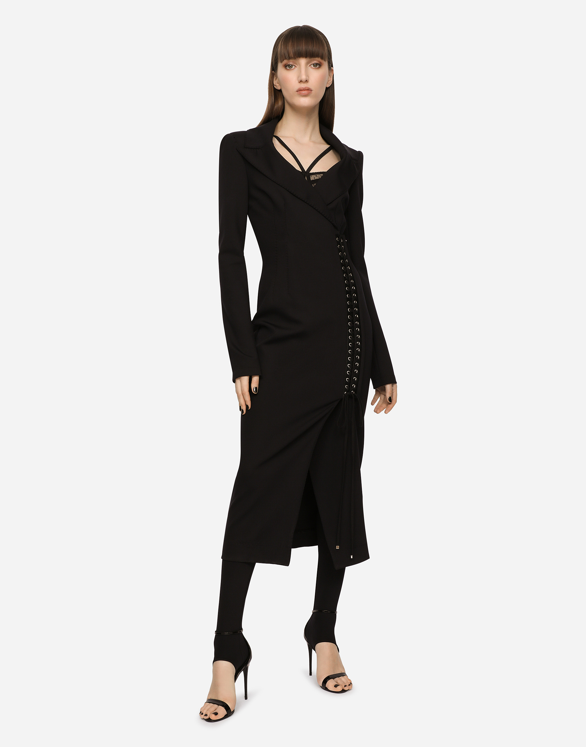 Dolce & Gabbana Jersey Coat Dress With Laces And Eyelets In Black