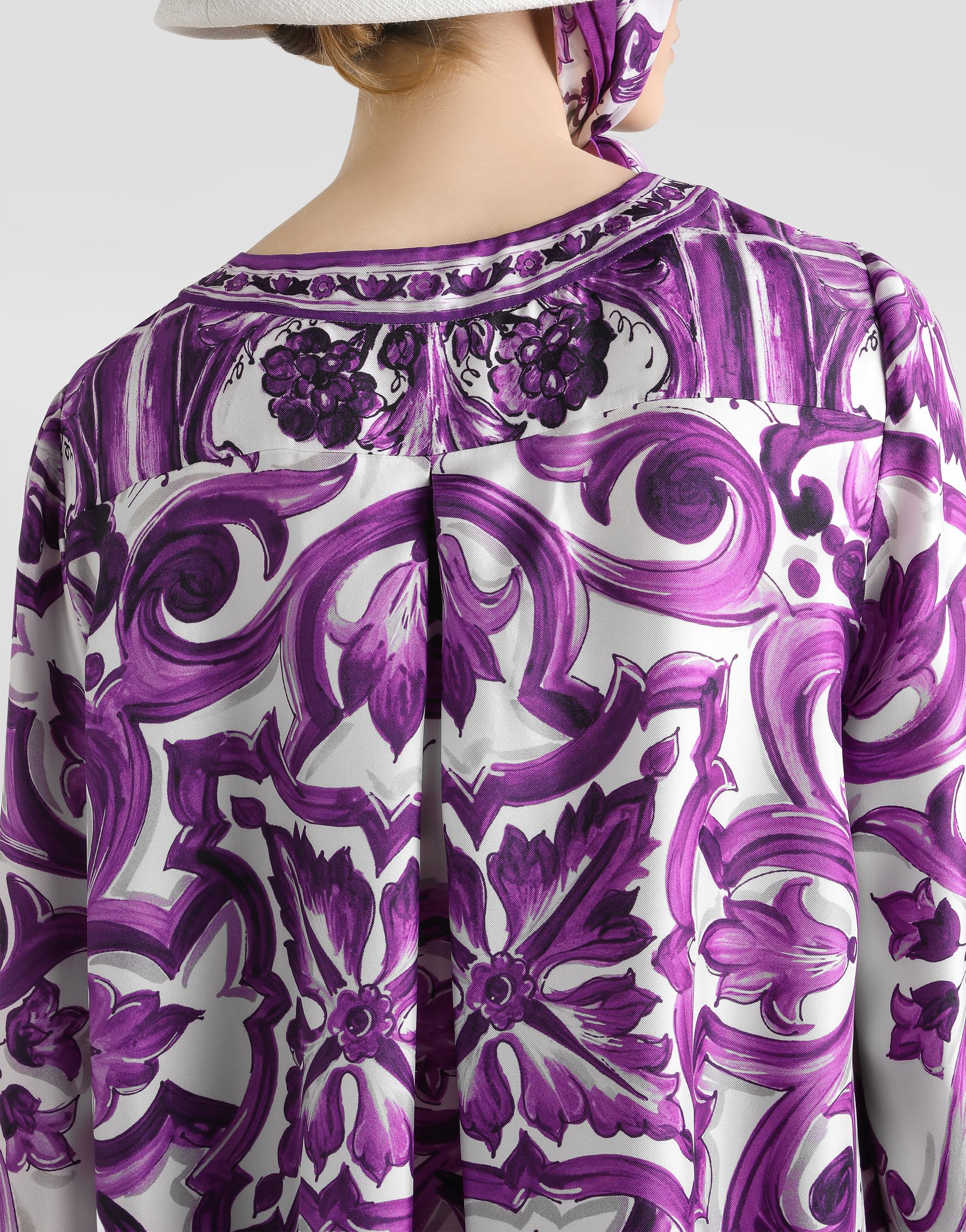 Dolce & Gabbana Majolica Silk Twill Long-sleeve Mini Shift Dress