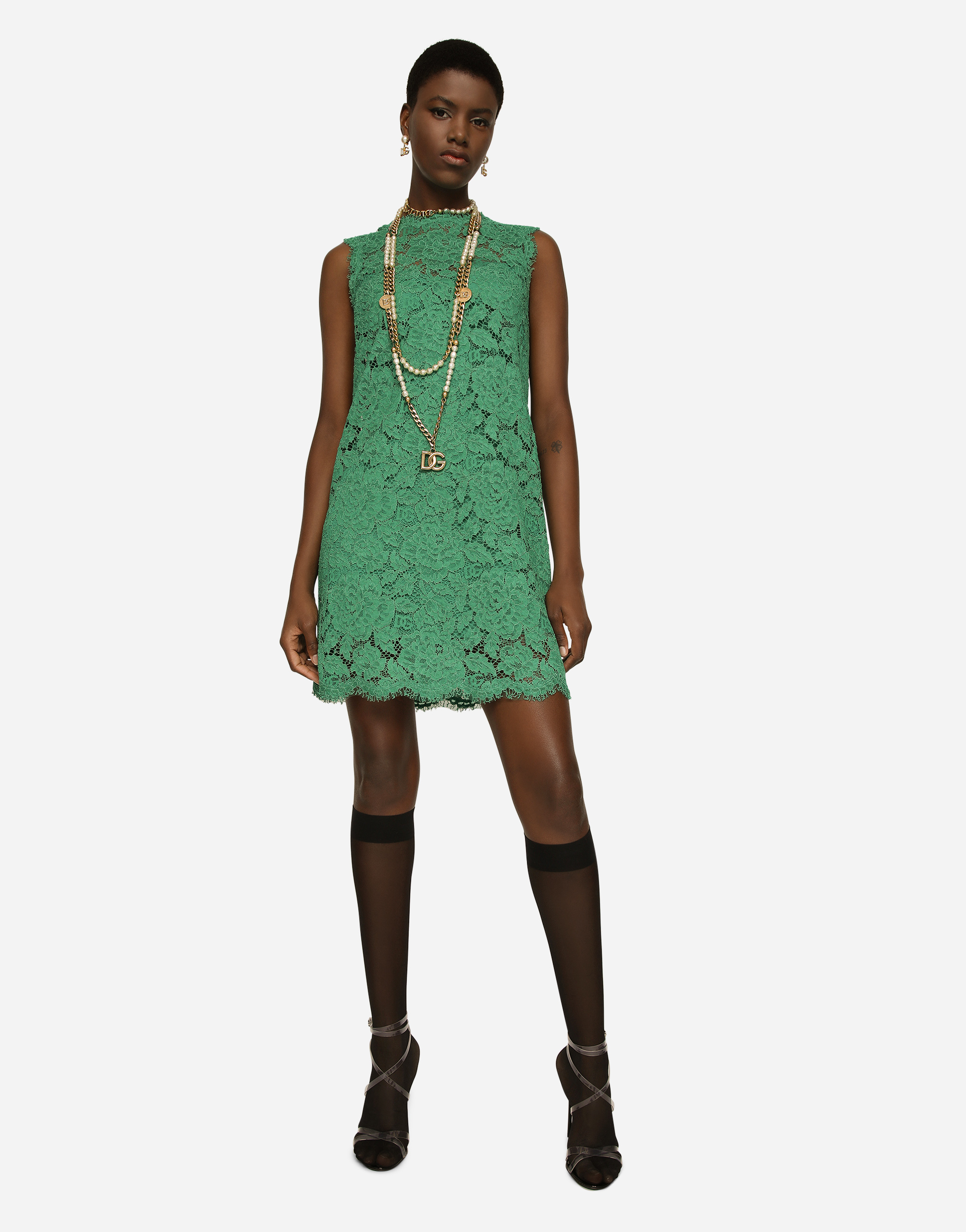 DOLCE & GABBANA A-LINE DRESS IN BRANDED STRETCH LACE
