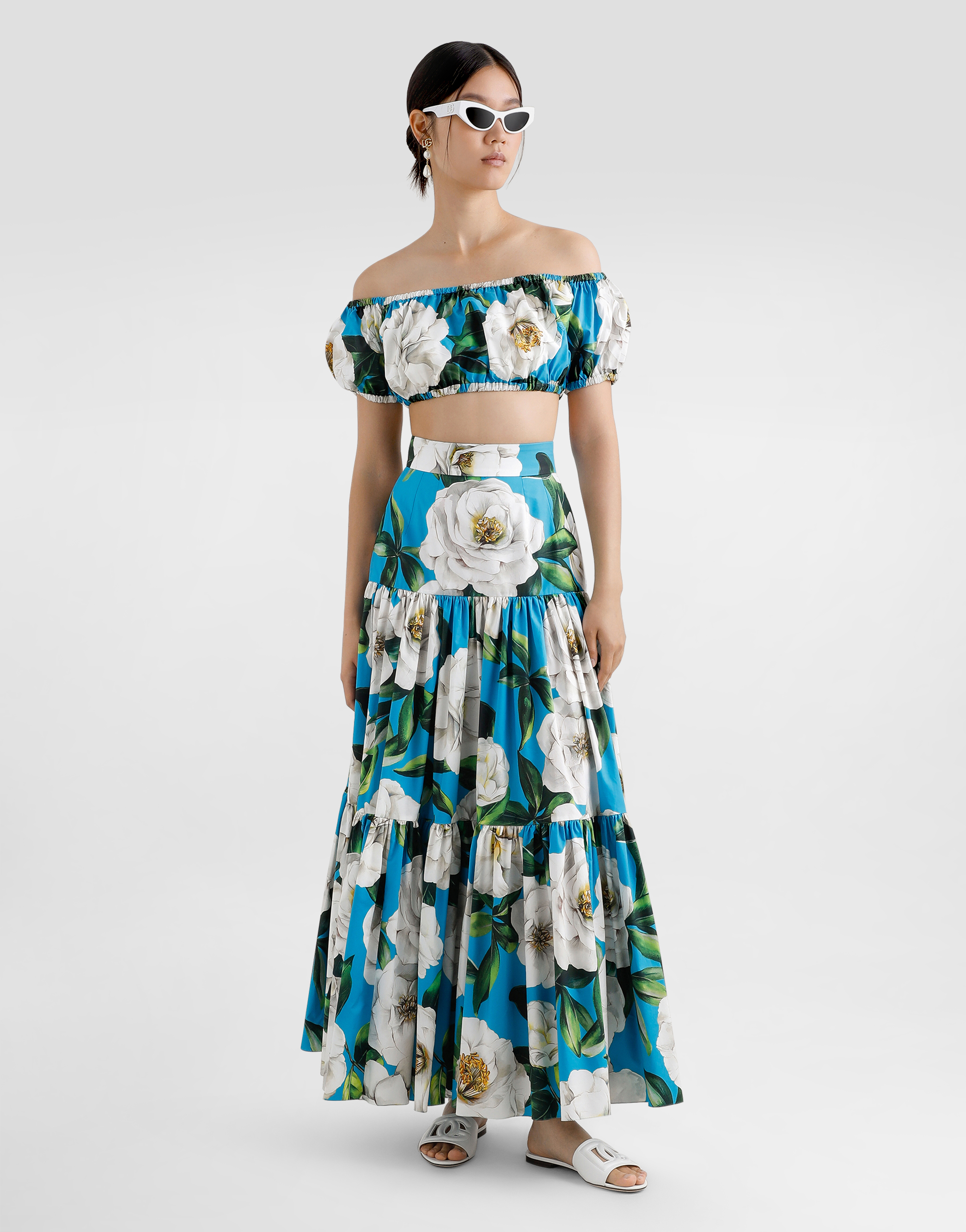 Dolce & Gabbana Cotton Bardot-neck Top With Gardenia Print In Print