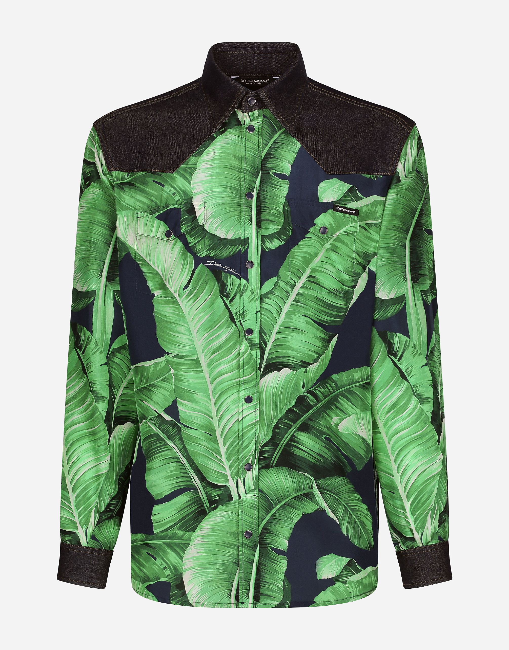 Shop Dolce & Gabbana Silk And Stretch Denim Shirt With Banana Tree Print