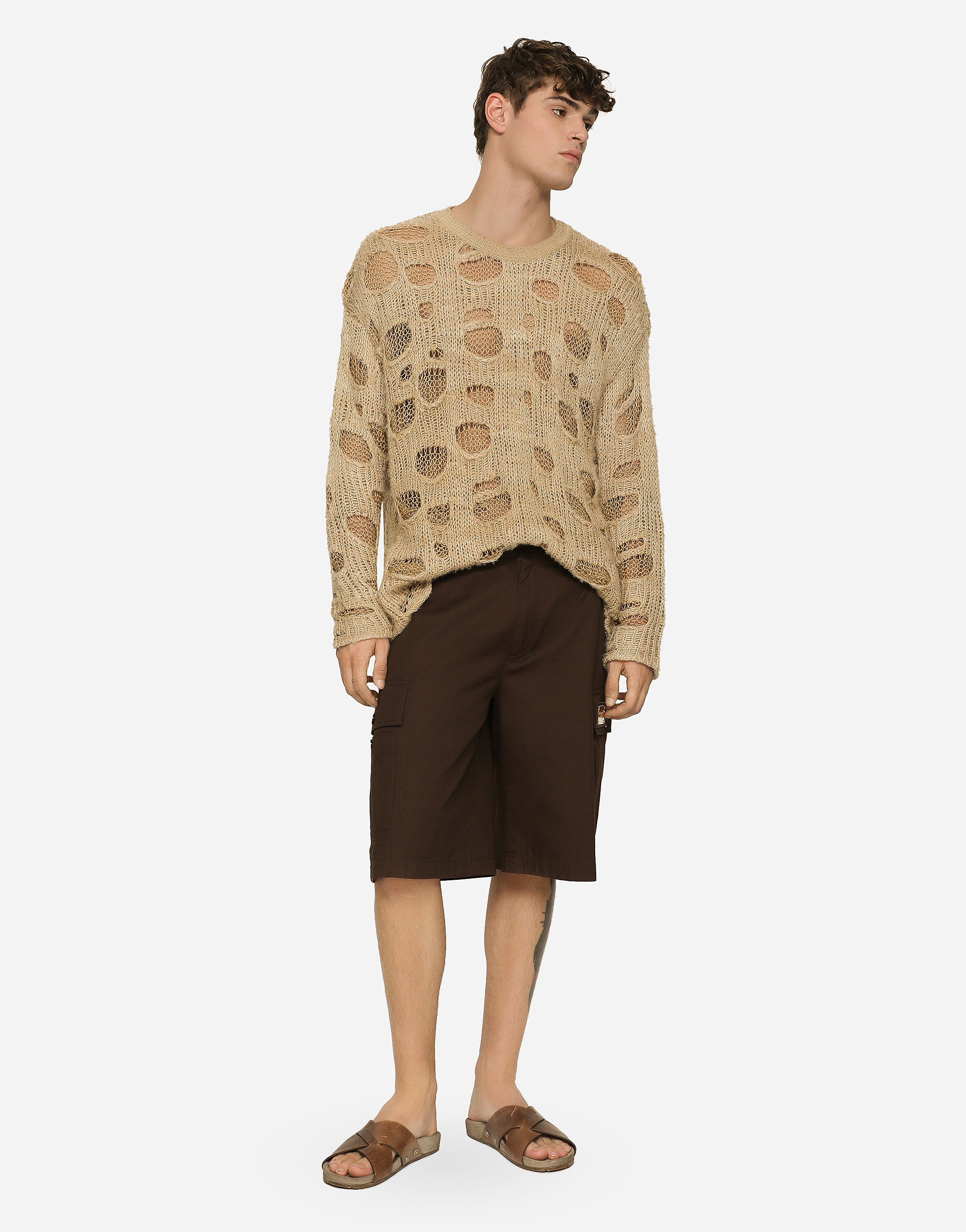 Shop Dolce & Gabbana Cotton Gabardine Cargo Bermuda Shorts With Brand Plate In Brown
