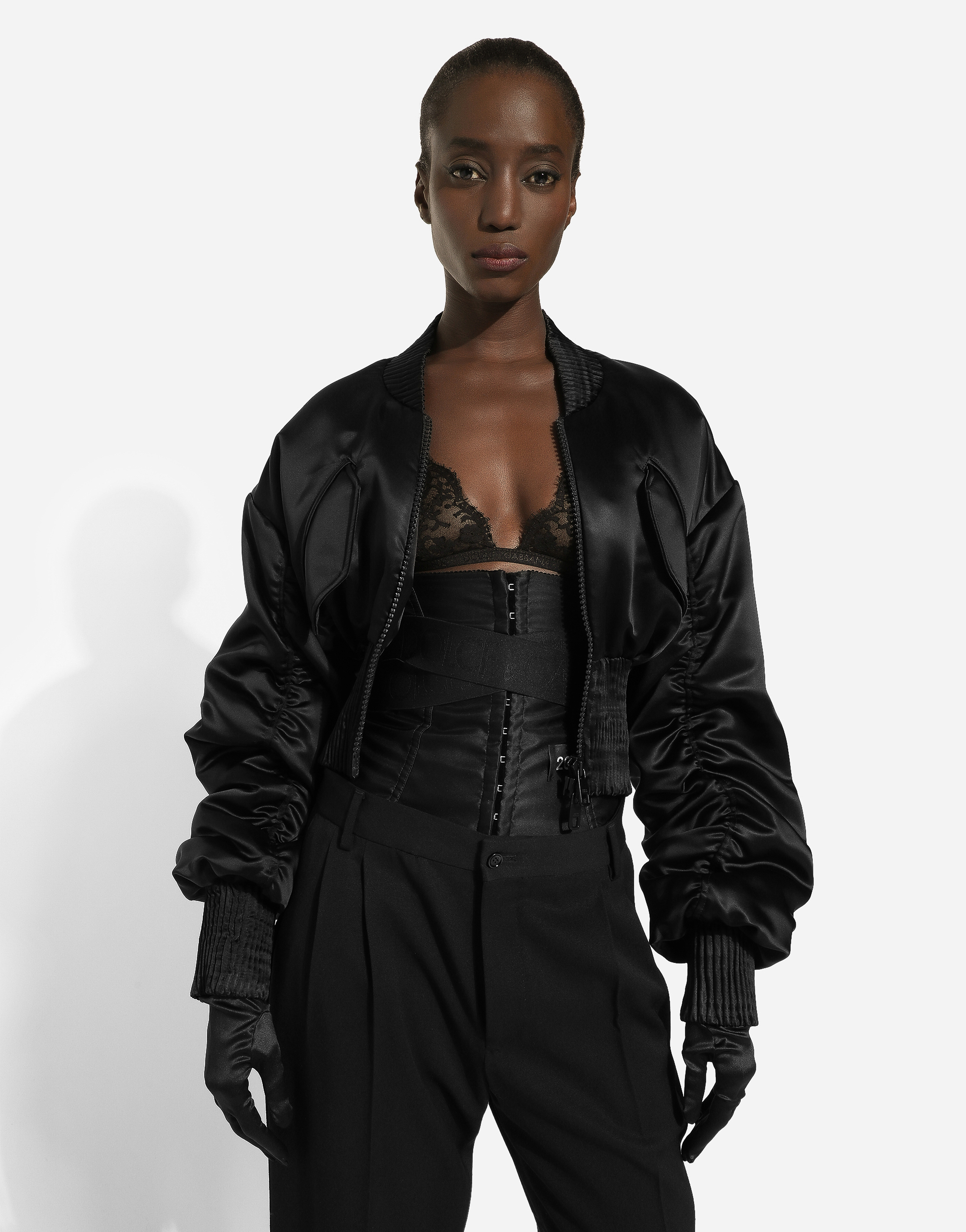Short duchesse bomber jacket with draped sleeves