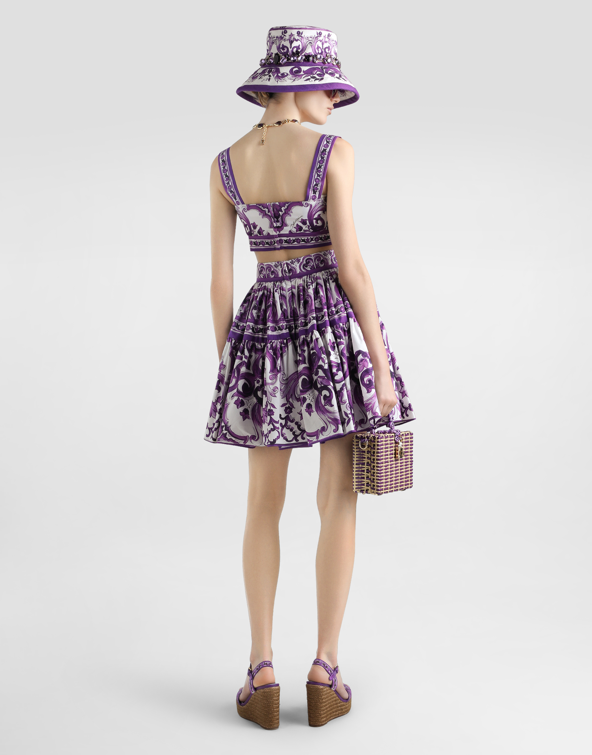 Dolce & Gabbana Violet Pleated Miniskirt With Rear Zip Closure And All-over Graphic Print In Cotton Woman In Purple