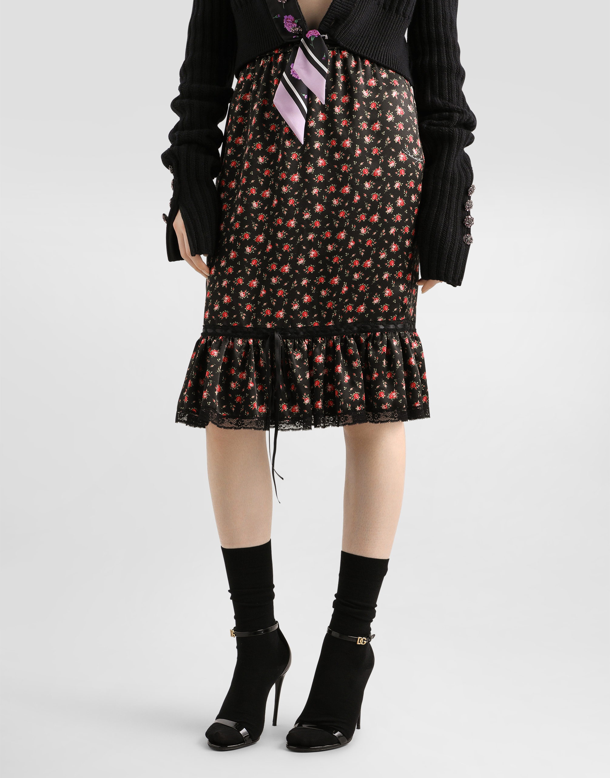 Dolce & Gabbana Small Rose-print Skirt With Flounce In Multi