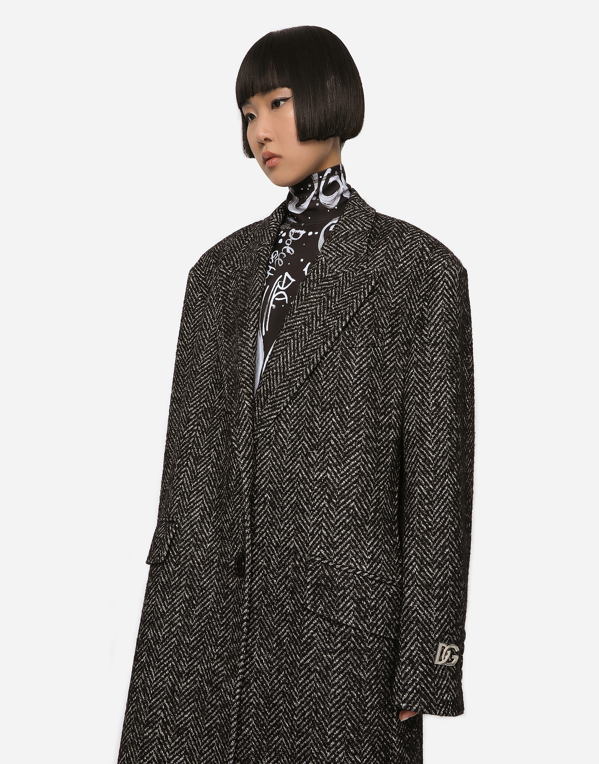 Dolce & Gabbana Oversize Herringbone Coat With Half-belt In Multicolor