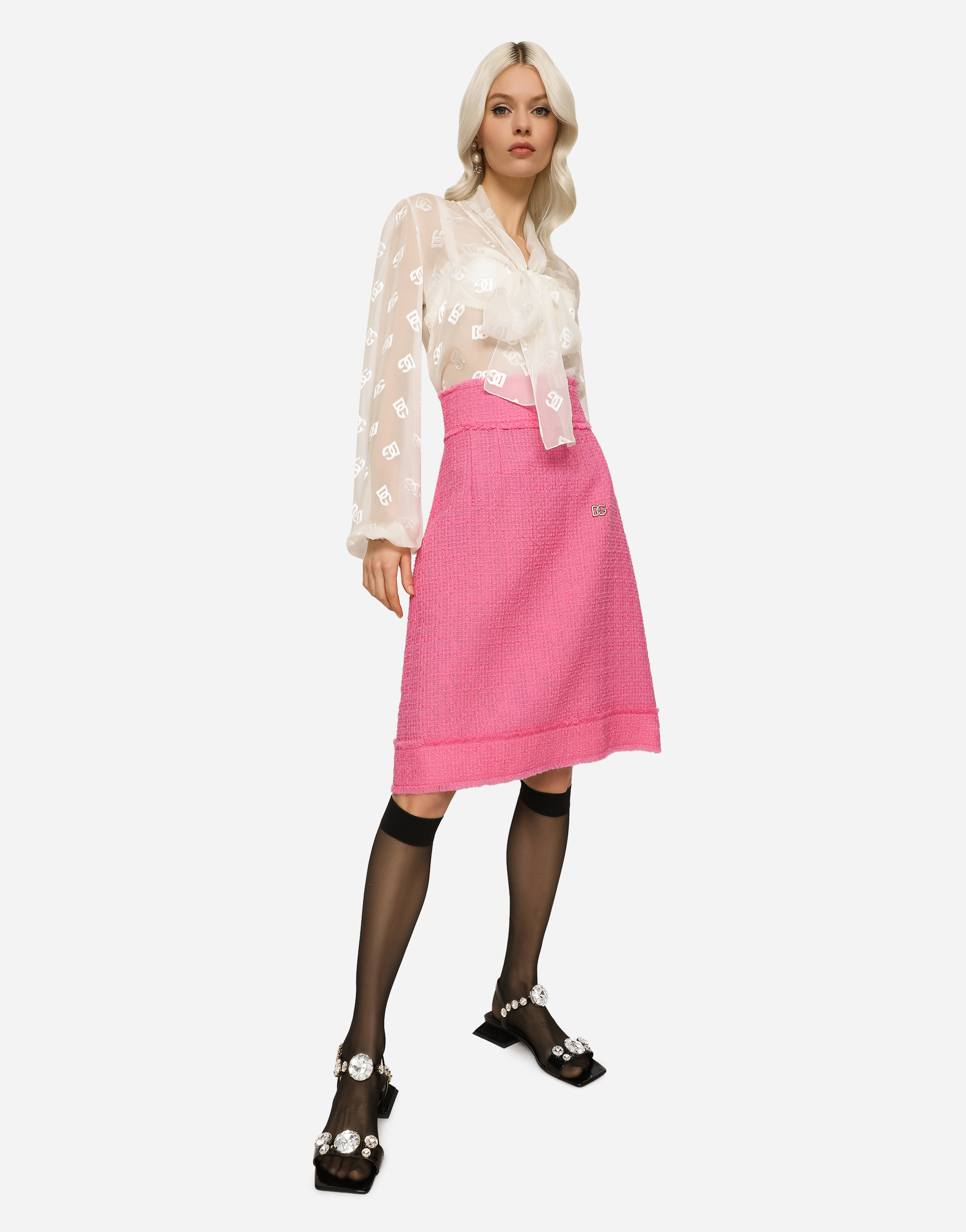 Dolce & Gabbana Raschel Tweed Midi Skirt In Pink