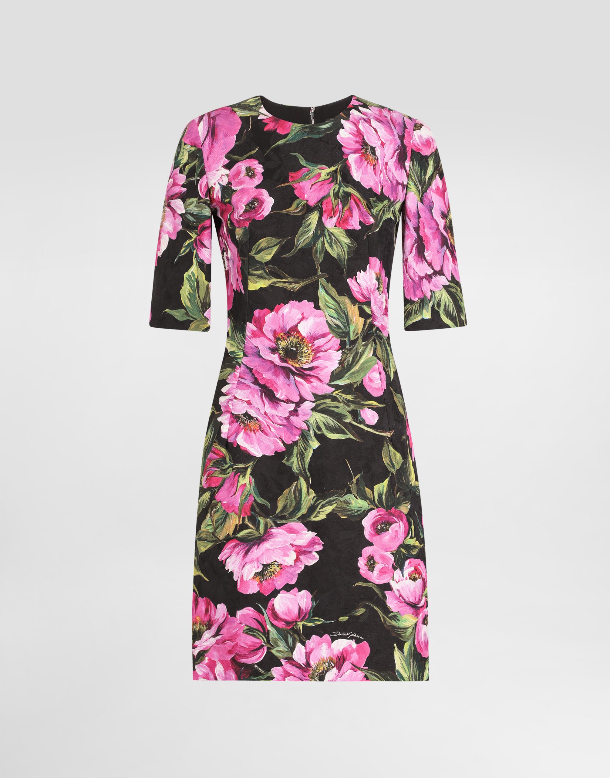 Dolce & Gabbana Black Floral Cotton Dress With Peonies In Print