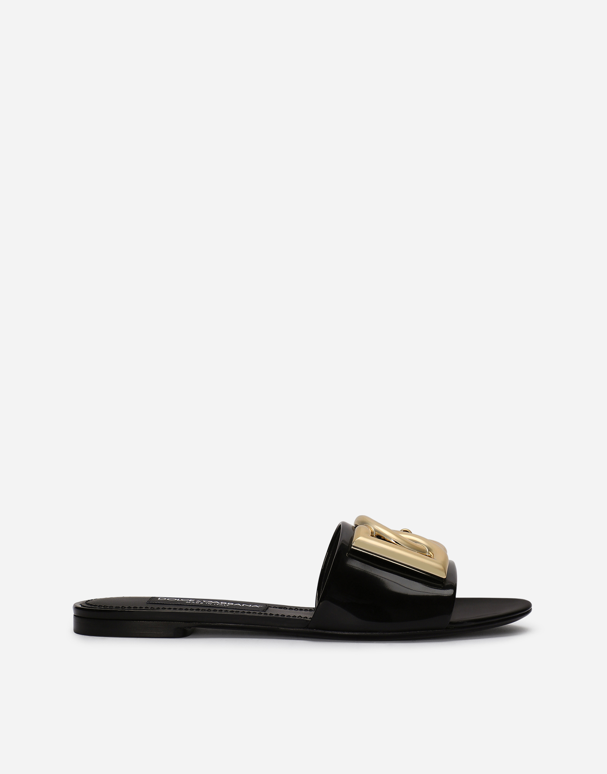 Shop Dolce & Gabbana Polished Calfskin Sliders With Dg Logo In Black