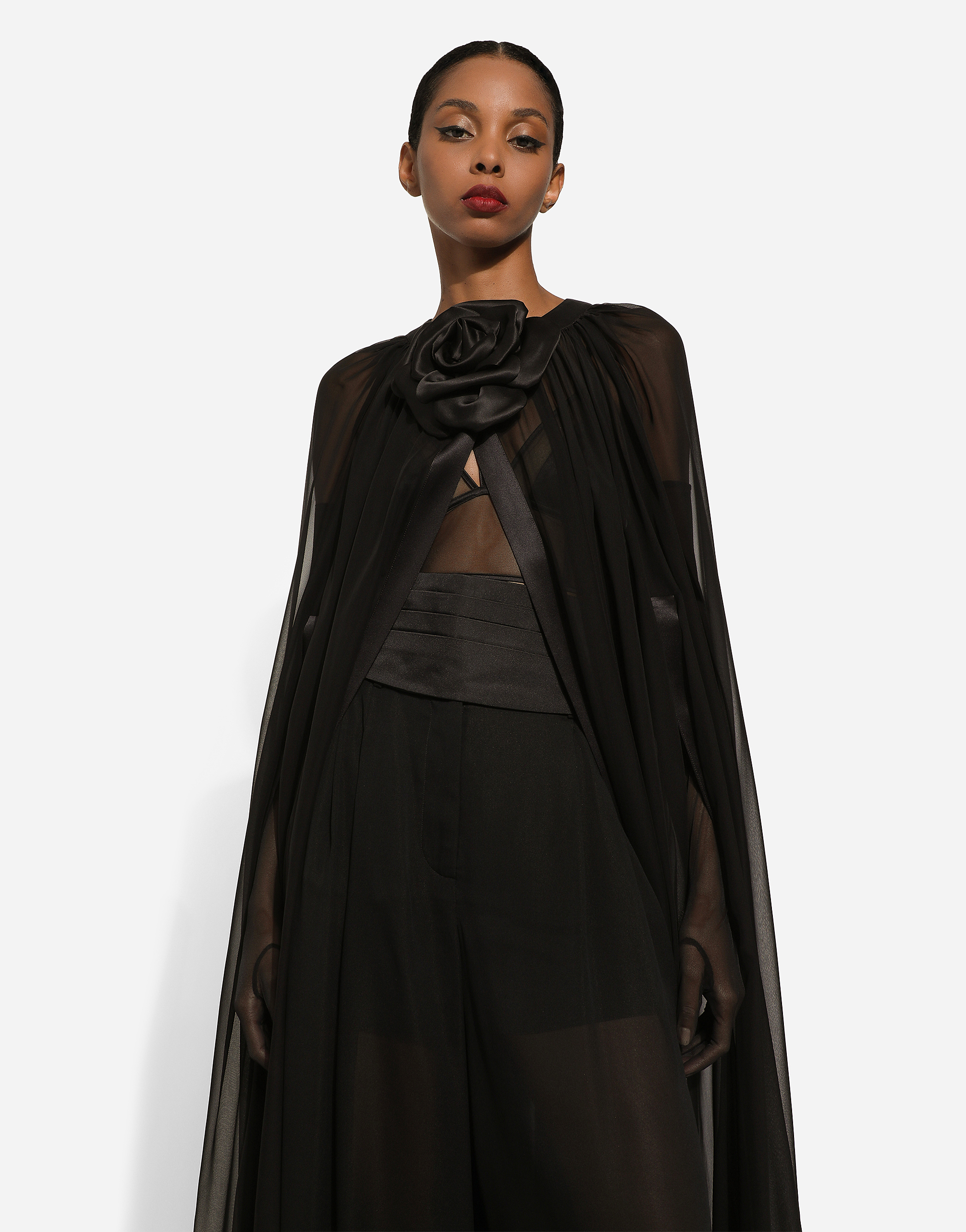 Dolce & Gabbana Silk Chiffon Cape With Flower Appliqué In Black