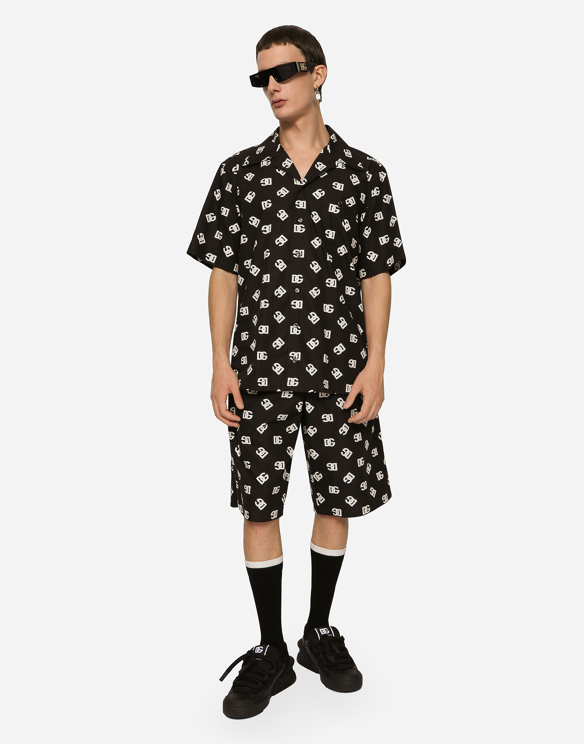 DOLCE & GABBANA COTTON JOGGING SHORTS WITH DG MONOGRAM PRINT