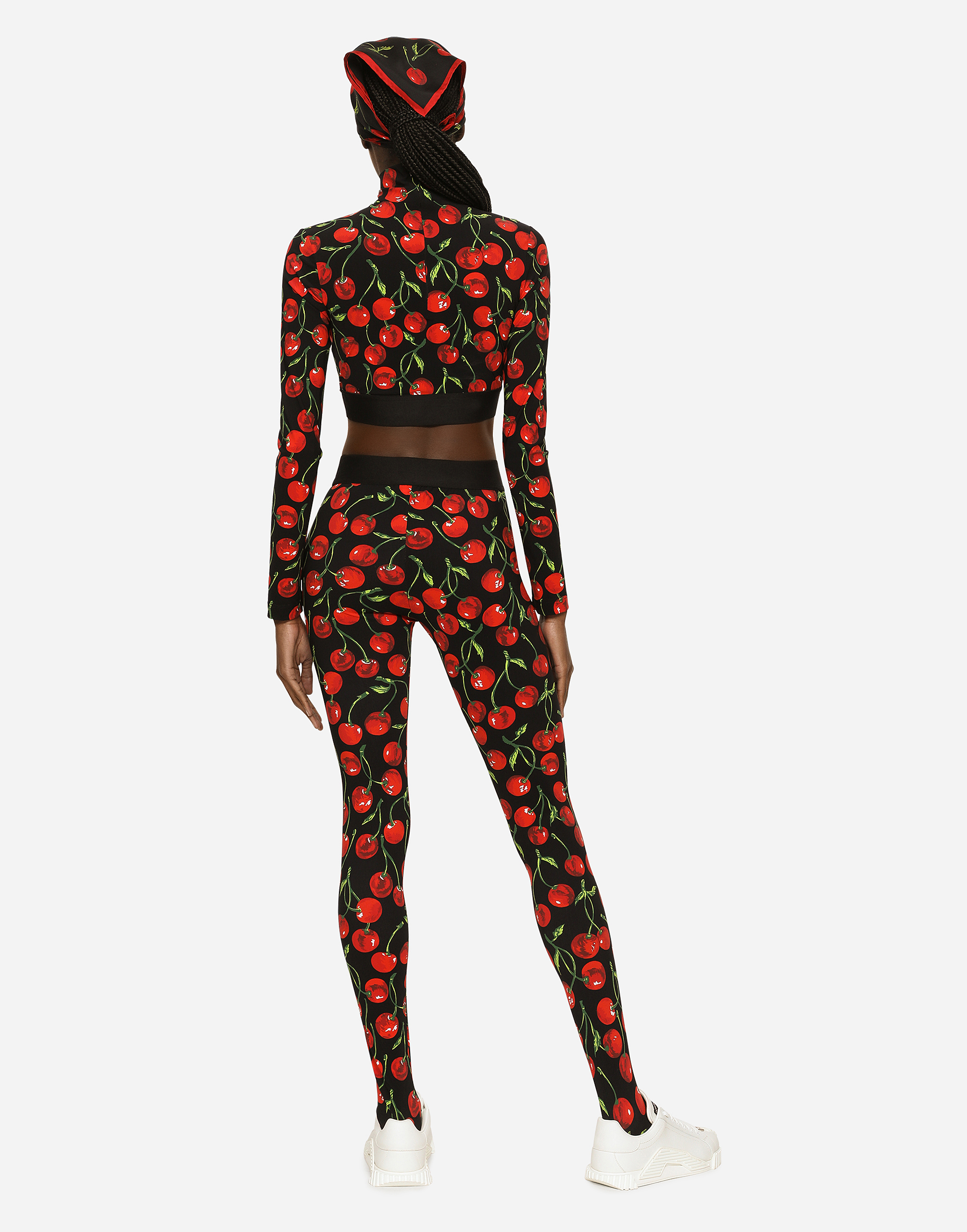 DOLCE & GABBANA CHERRY-PRINT TECHNICAL JERSEY TURTLE-NECK TOP WITH BRANDED ELASTIC
