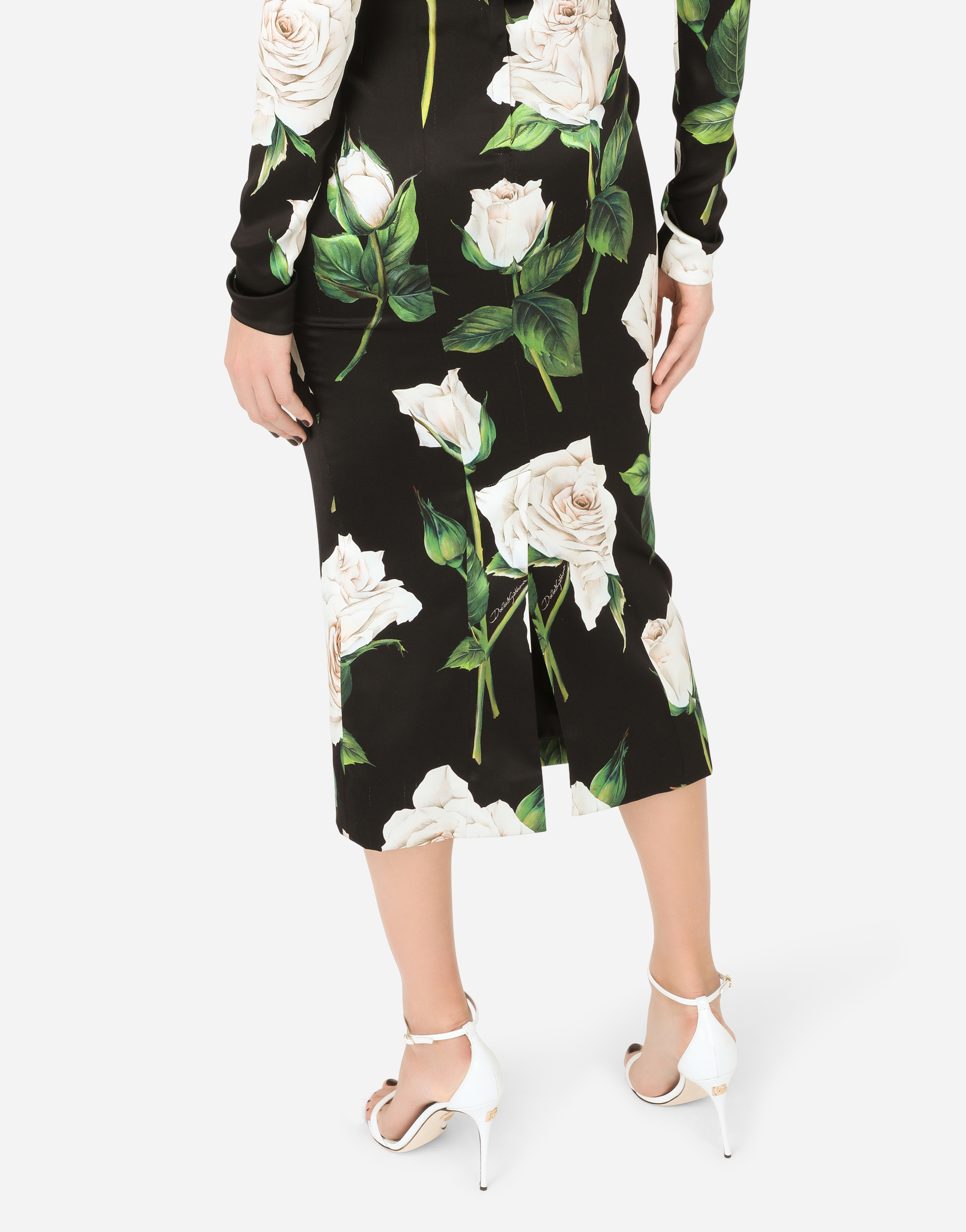 DOLCE & GABBANA SATIN CALF-LENGTH DRESS WITH WHITE ROSE PRINT