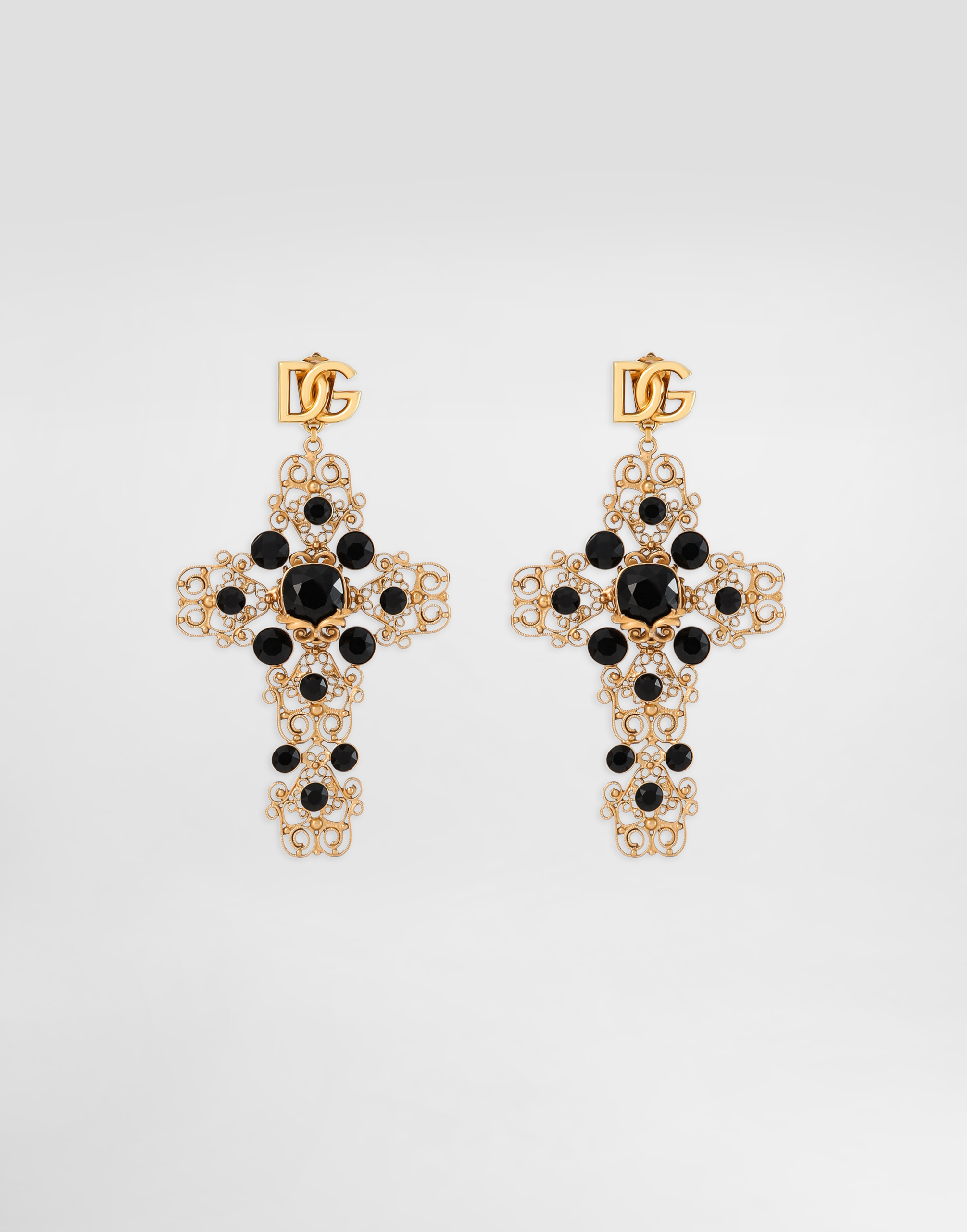 Dolce & Gabbana Drop Earrings With Filigree Cross And Dg Logo - Woman Bijoux Gold Metal Onesize