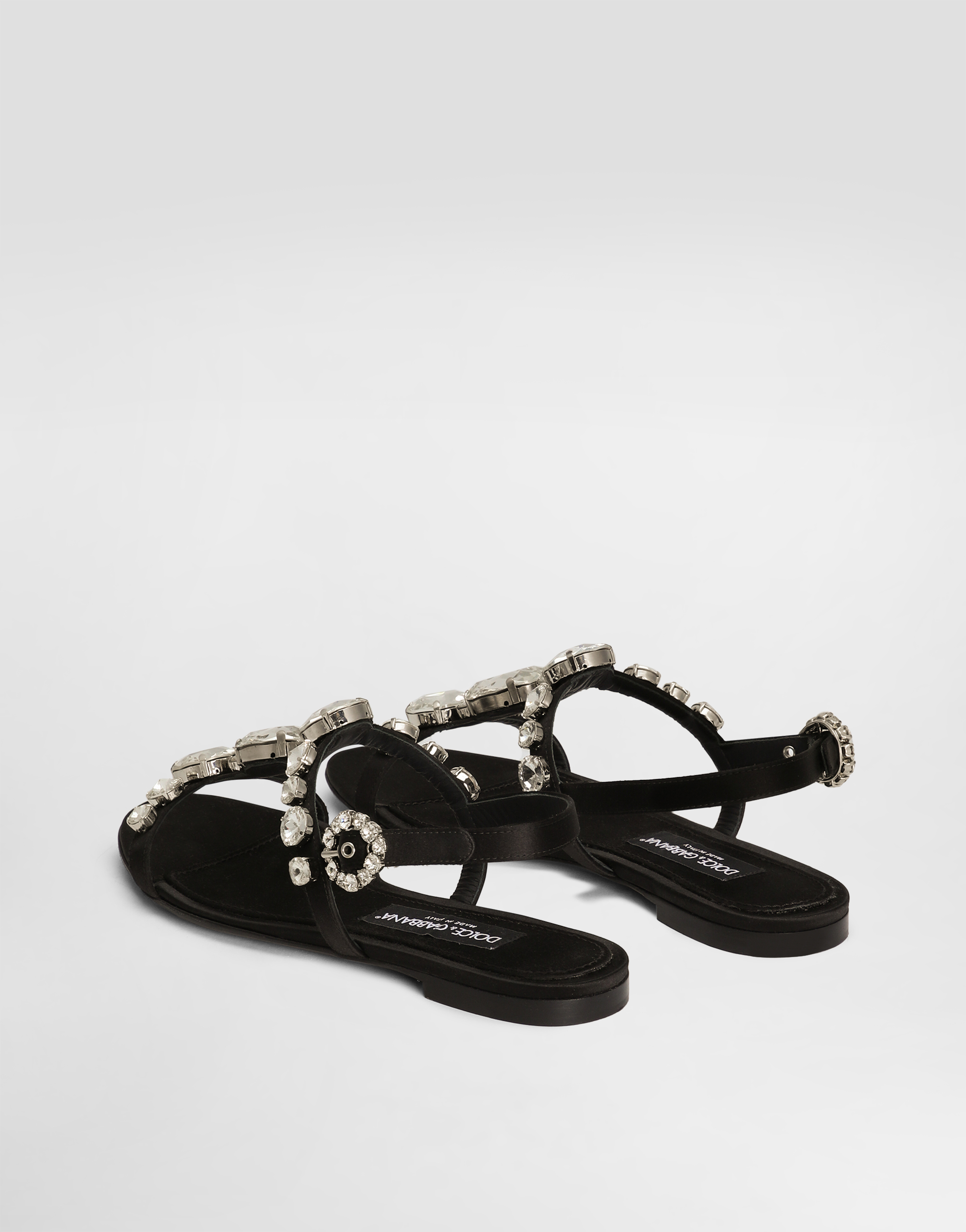 Dolce & Gabbana Black Sandals With Embroidered Stones Decorations In Satin Woman In Black