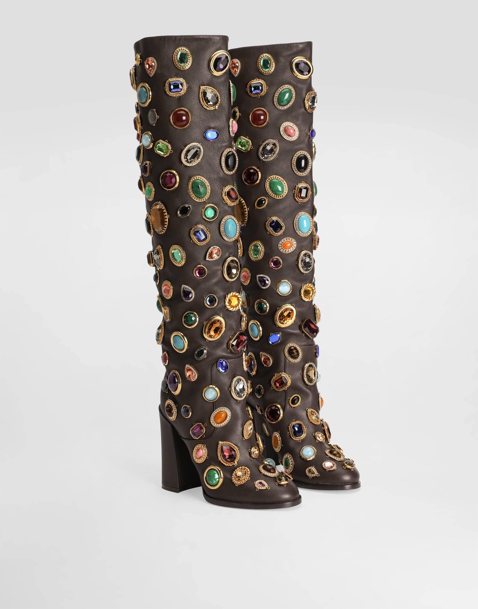  Dolce & Gabbana Stiefel Aus Leder Mit Schmucksteinstickerei - Frau Stiefel Und Siefeletten Mehrfarbig 38 