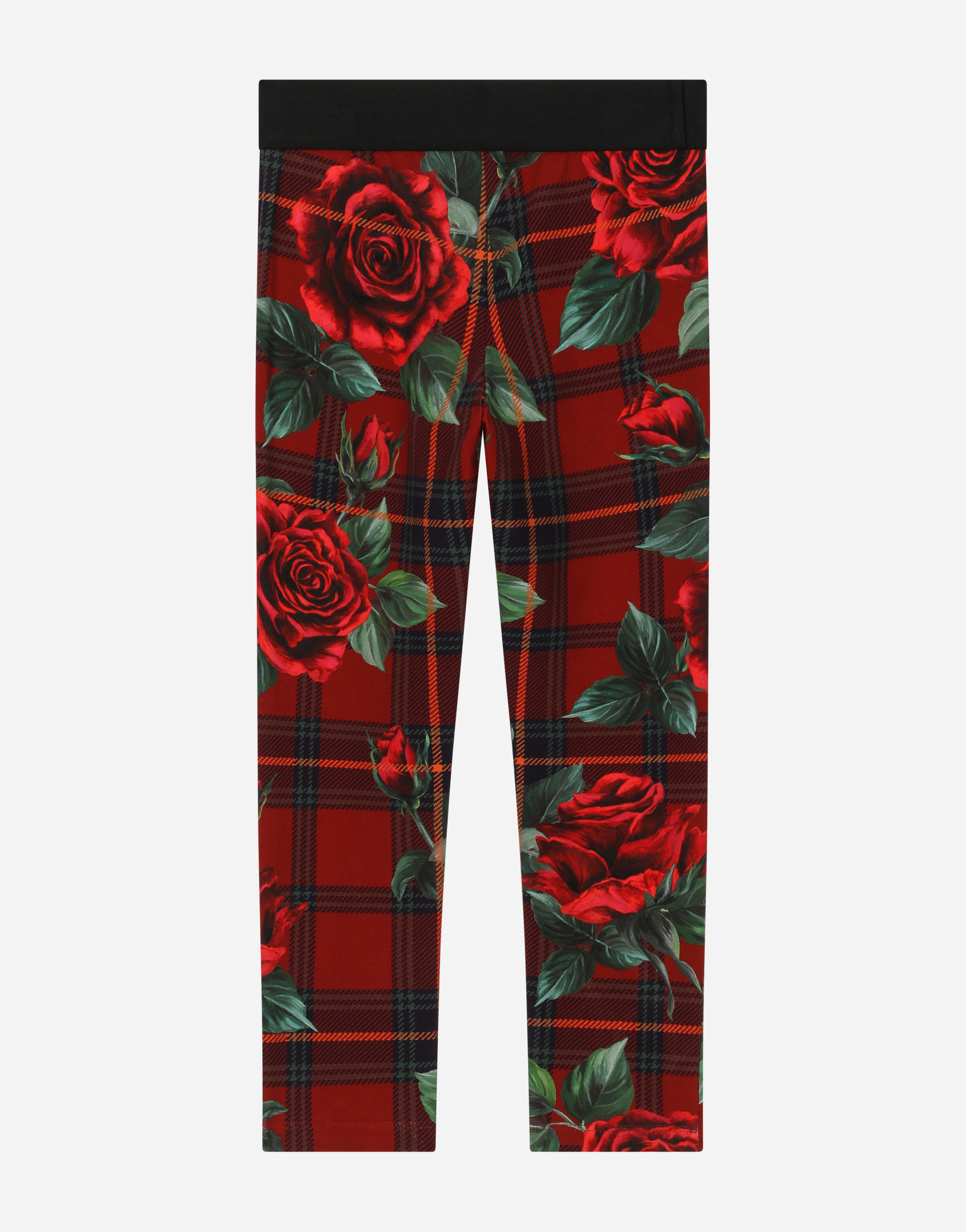 DOLCE & GABBANA INTERLOCK LEGGINGS WITH TARTAN AND ROSE PRINT