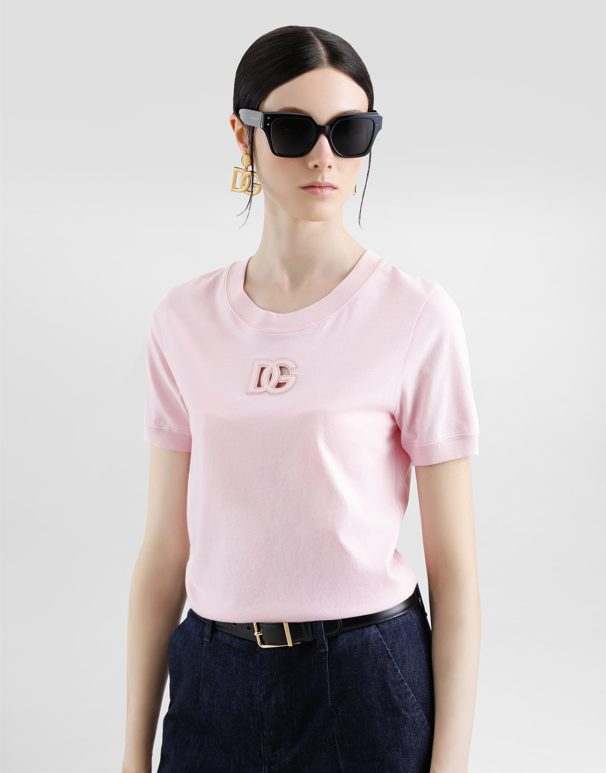 Dolce & Gabbana Jersey T-shirt With Raised Dg Logo Embroidery In Pink