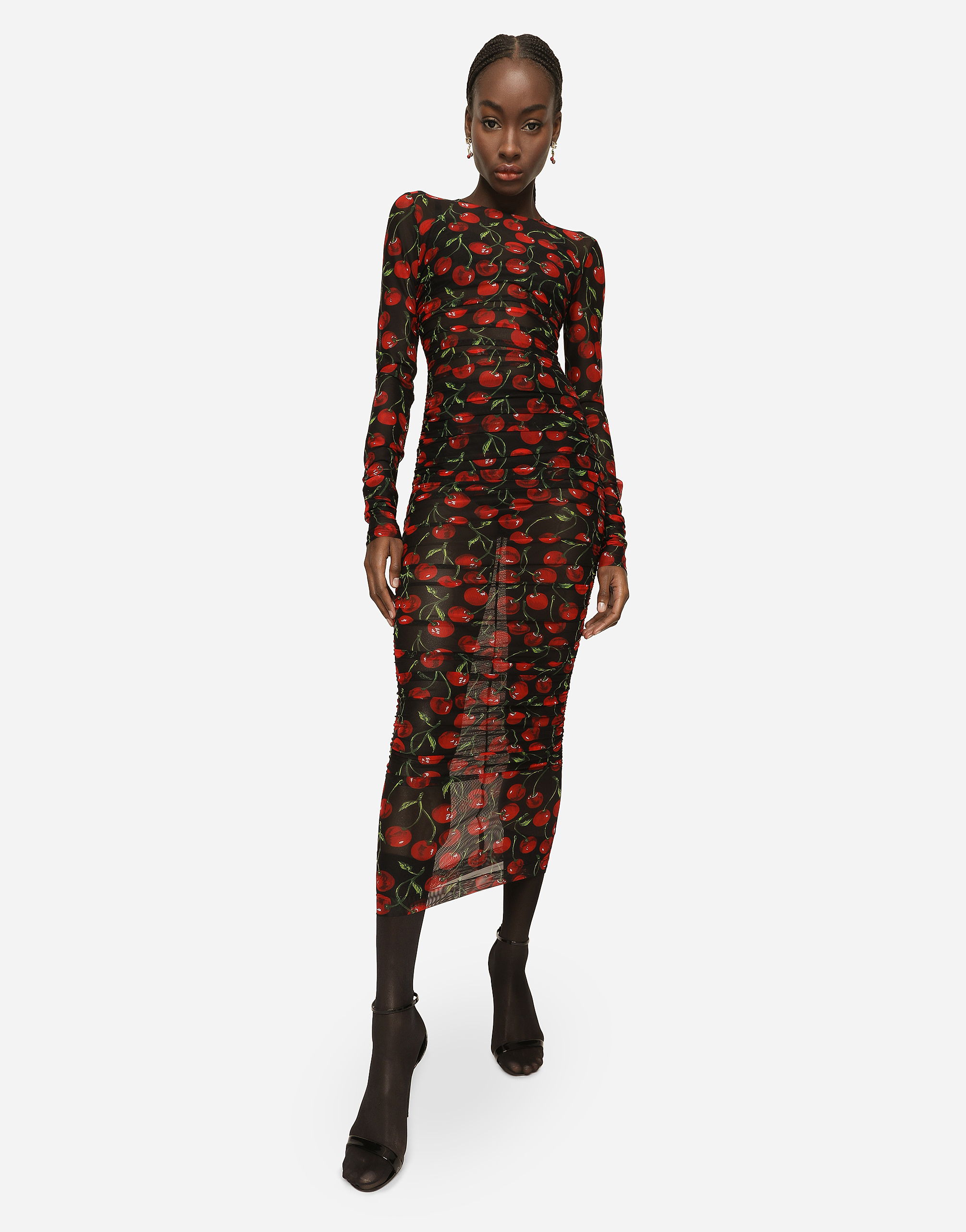 DOLCE & GABBANA CHERRY-PRINT TULLE CALF-LENGTH DRESS WITH DRAPING
