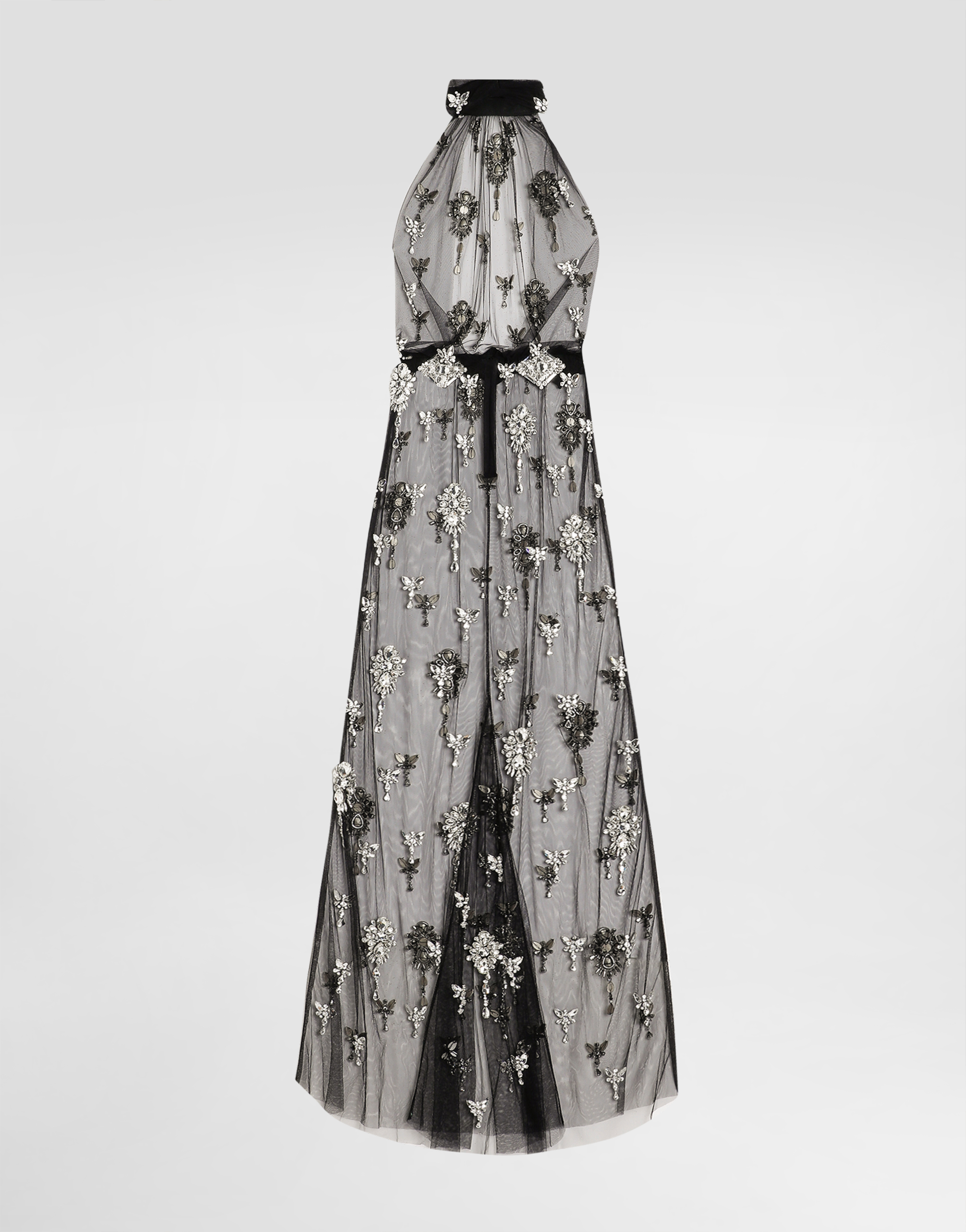 Long dress in tulle embroidered with rhinestones