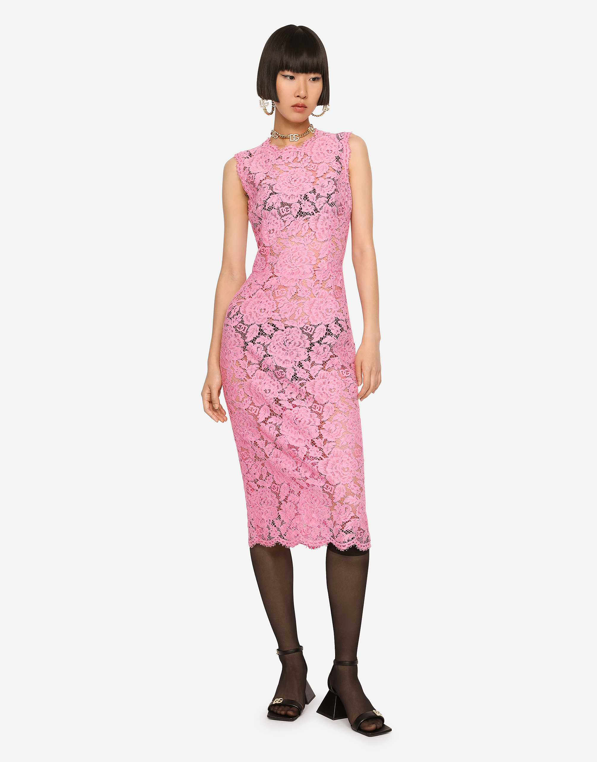 Shop Dolce & Gabbana Branded Stretch Lace Calf-length Dress In Pink