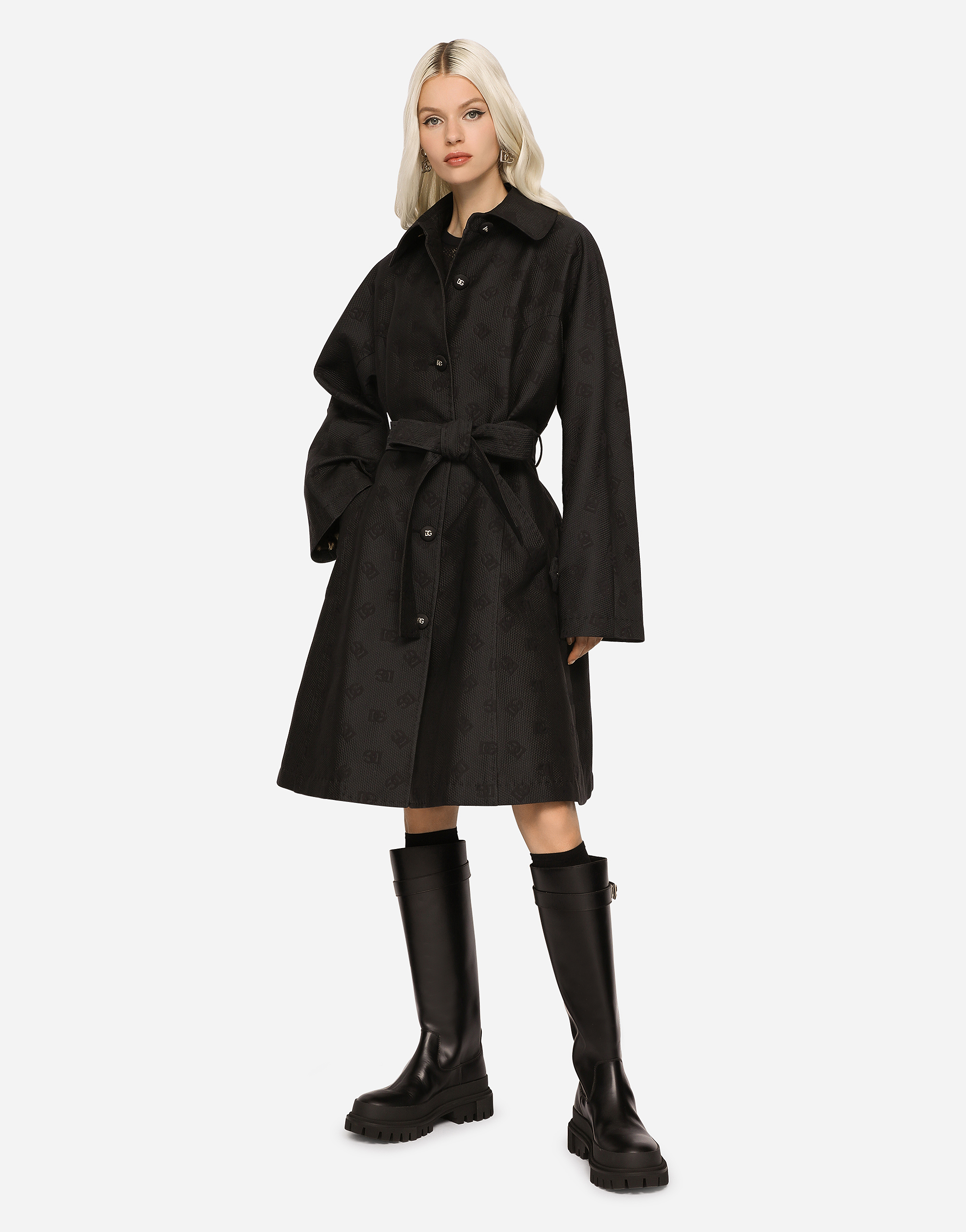 Belted jacquard coat with DG logo