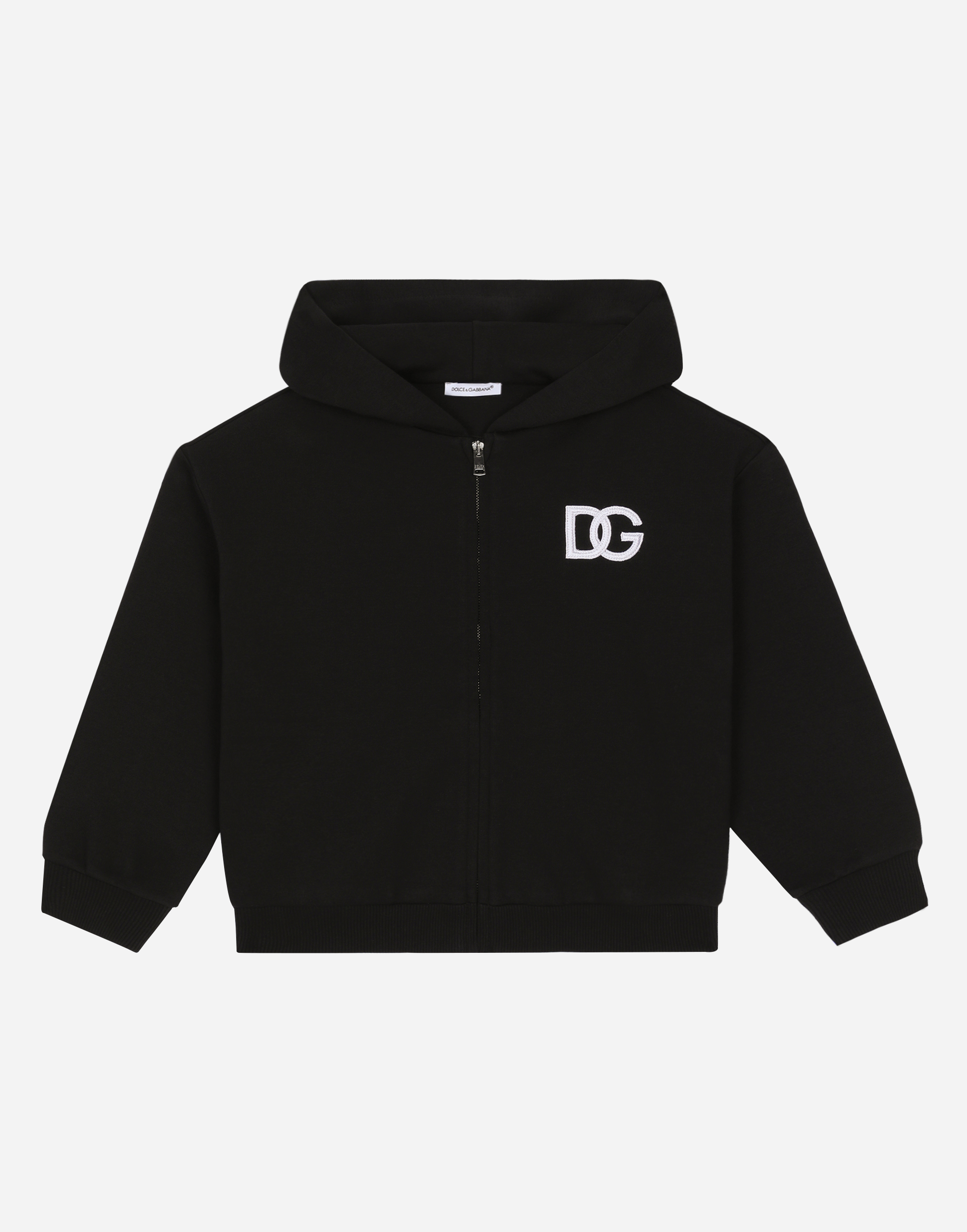 Dolce & Gabbana Kids' Zip-up Jersey Hoodie Dg Logo Patch In Black