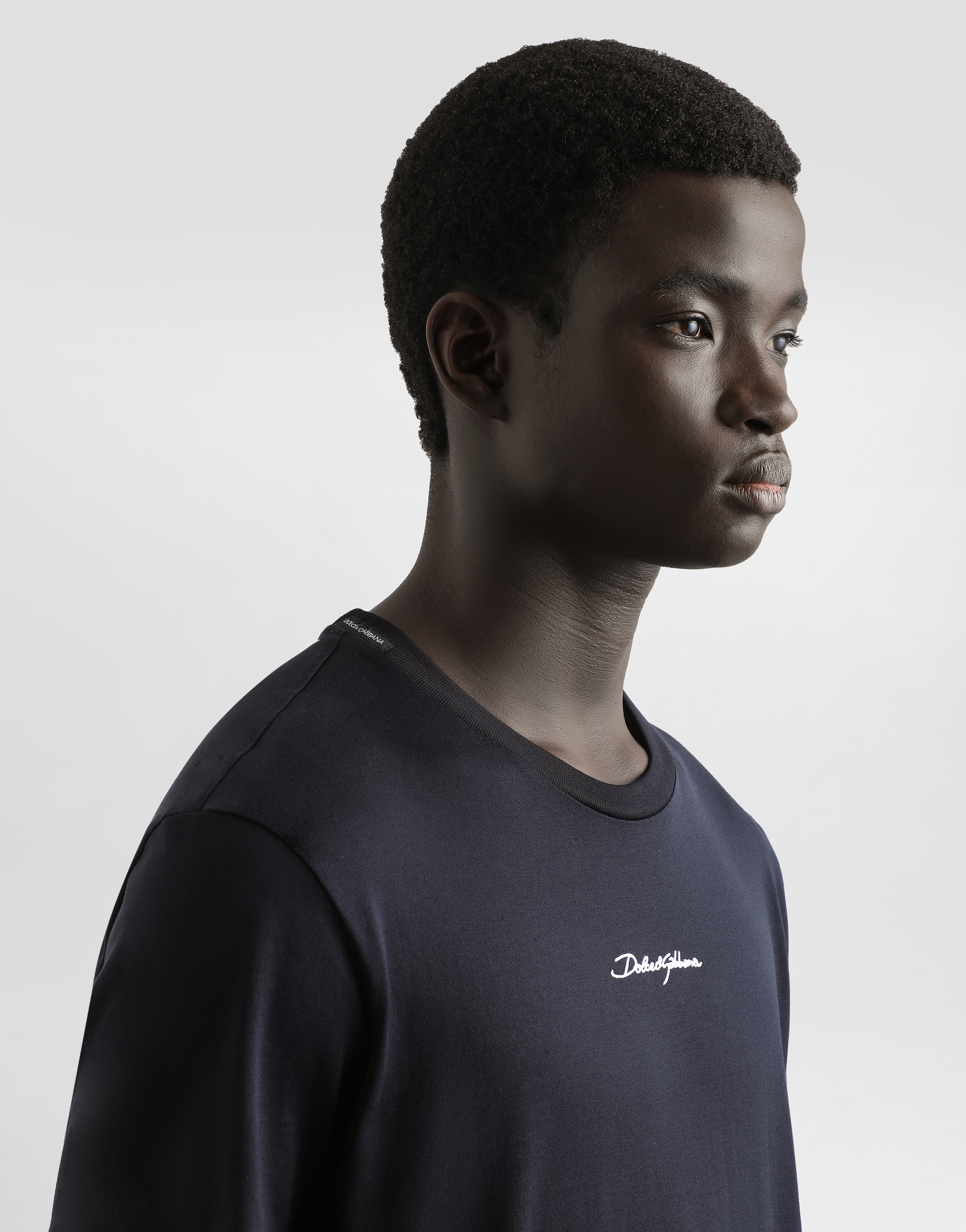 Dolce & Gabbana Black Crewneck T-shirt With Signature Logo In Cotton Man In Blue