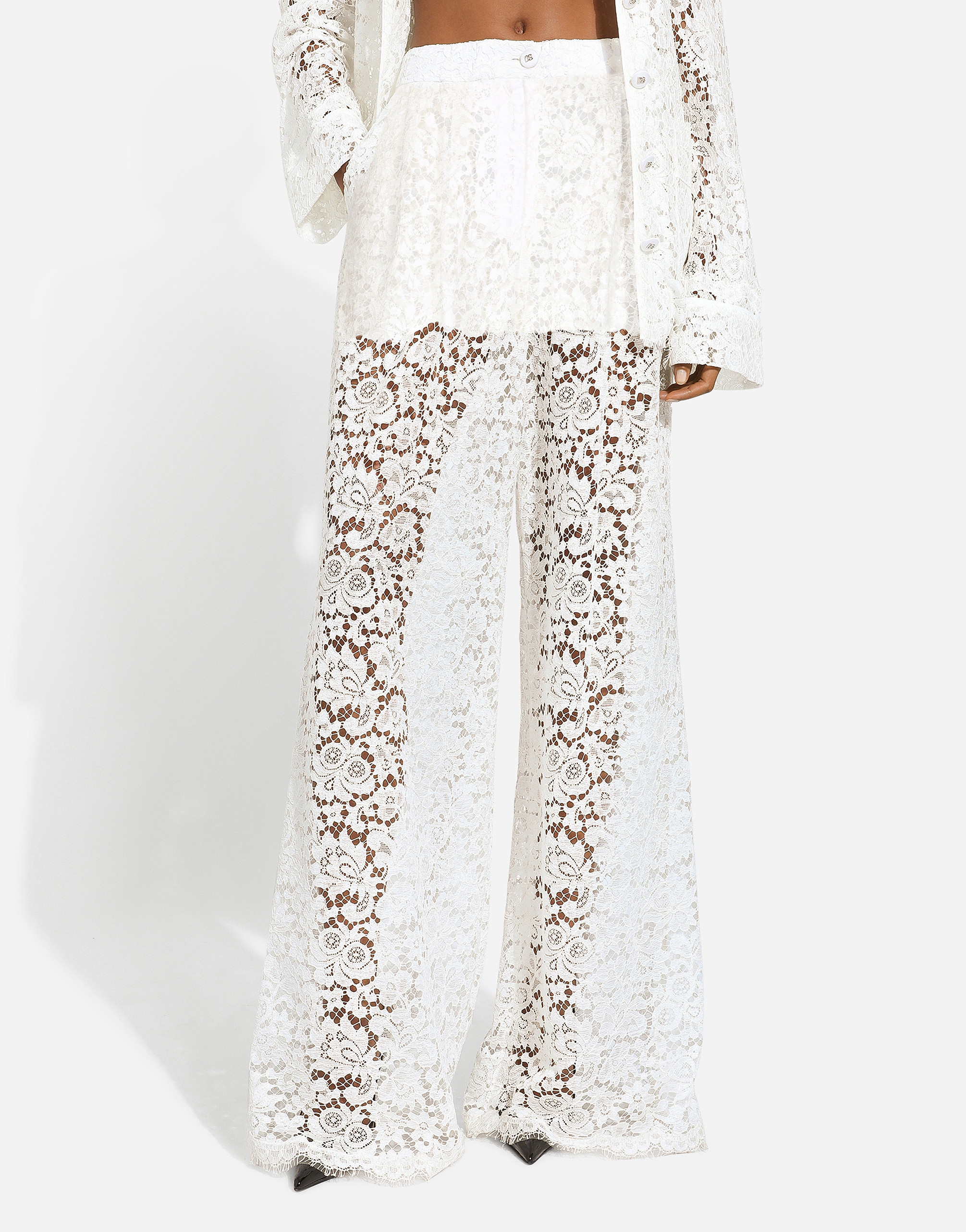 Shop Dolce & Gabbana Flared Floral Cordonetto Lace Pants In White