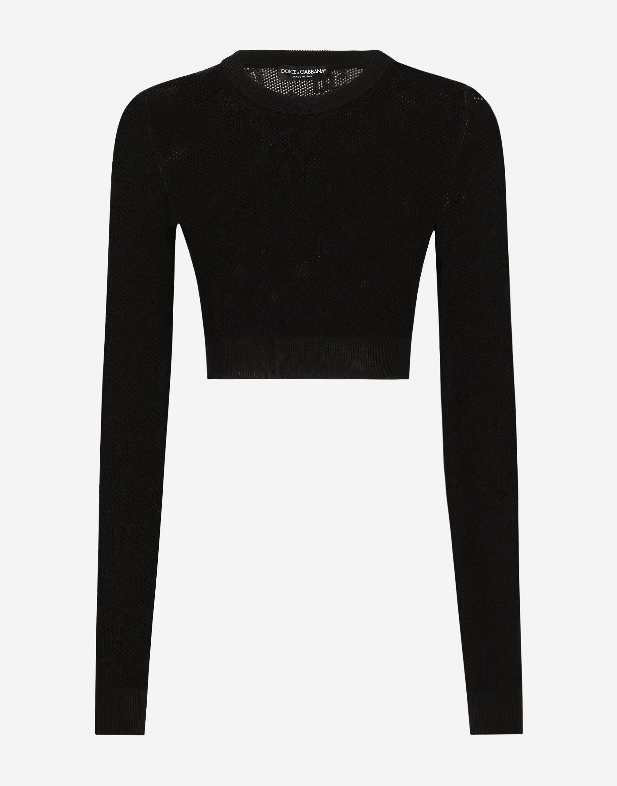Dolce & Gabbana Cropped Mesh-stitch Viscose Sweater With Jacquard Dg Logo - Woman Sweaters And Cardigans Black