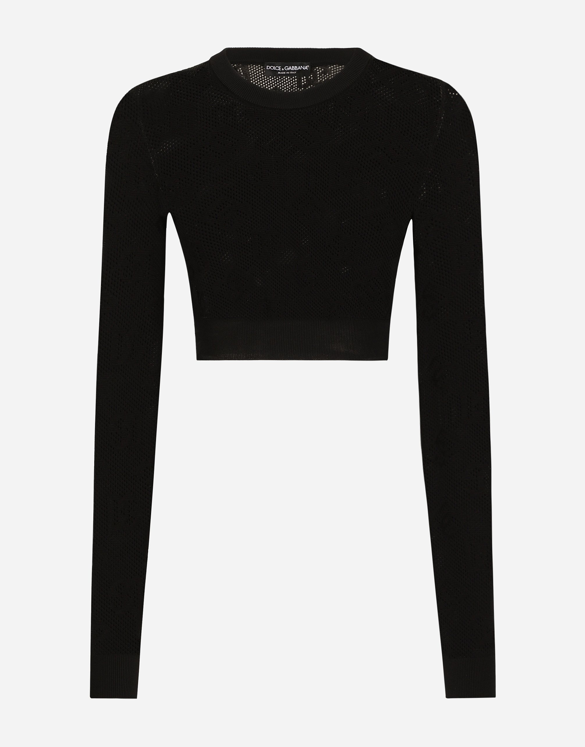 Shop Dolce & Gabbana Cropped Mesh-stitch Viscose Sweater With Jacquard Dg Logo In ブラック