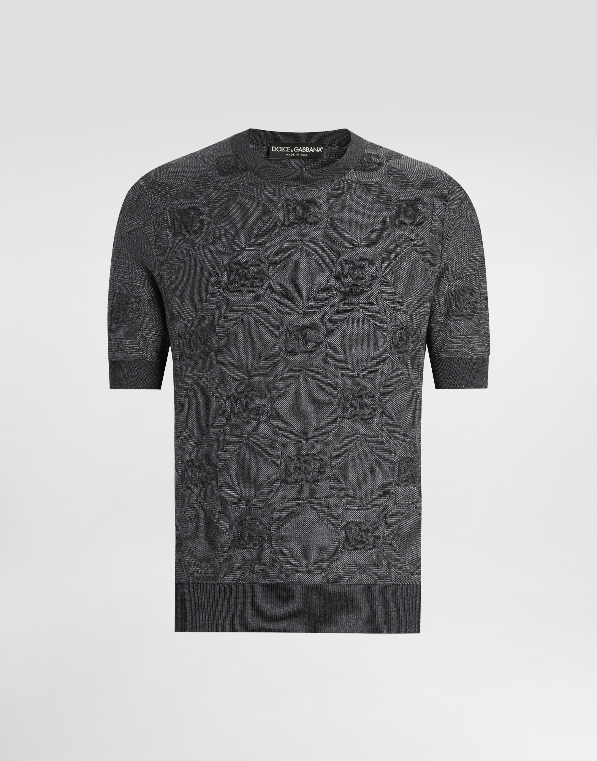 Dolce & Gabbana Silk Round-neck Sweater With Jacquard Logo - Man Sweaters And Cardigans Grey