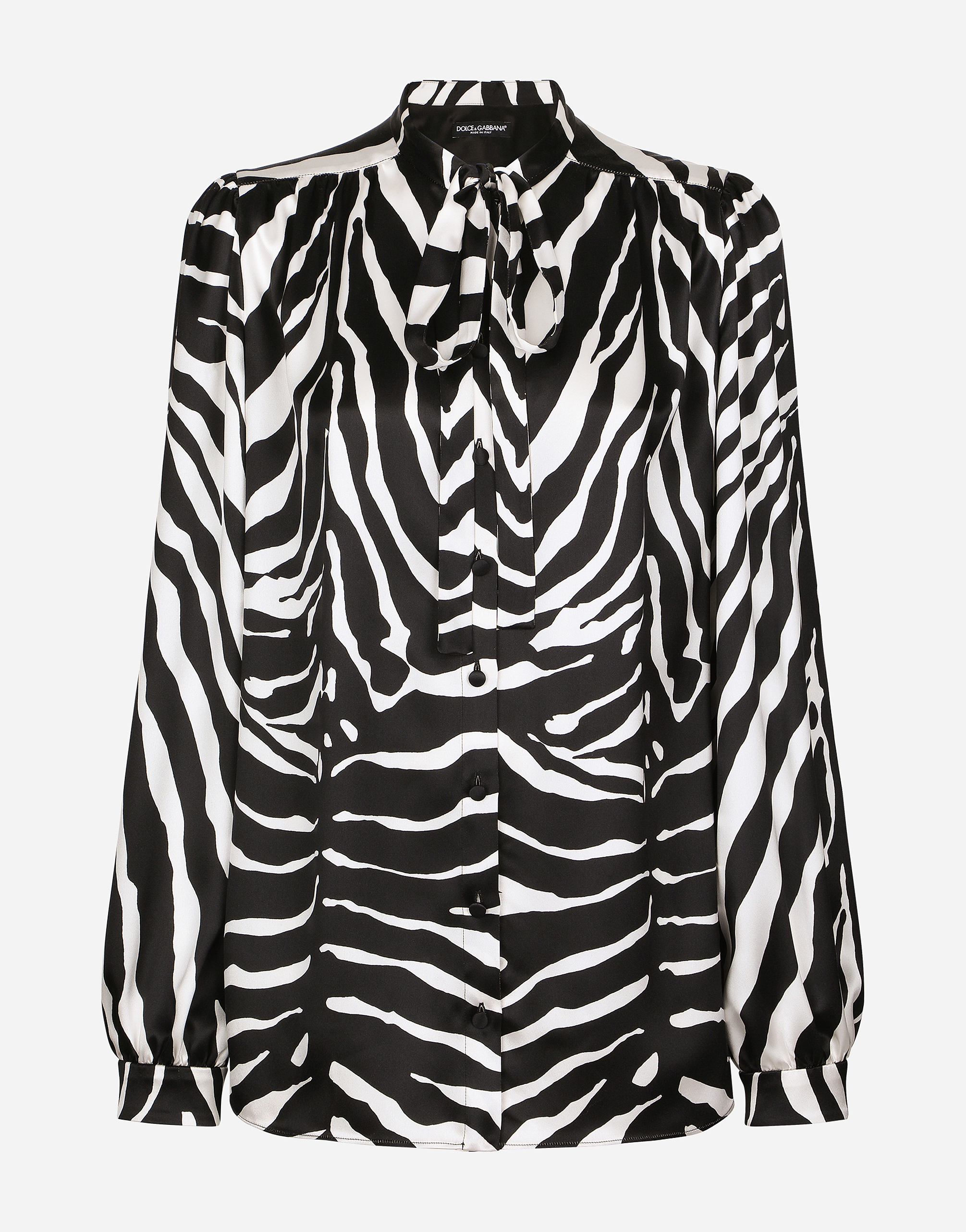 Dolce & Gabbana Zebra-print Satin Pussy-bow Shirt In Multicolor