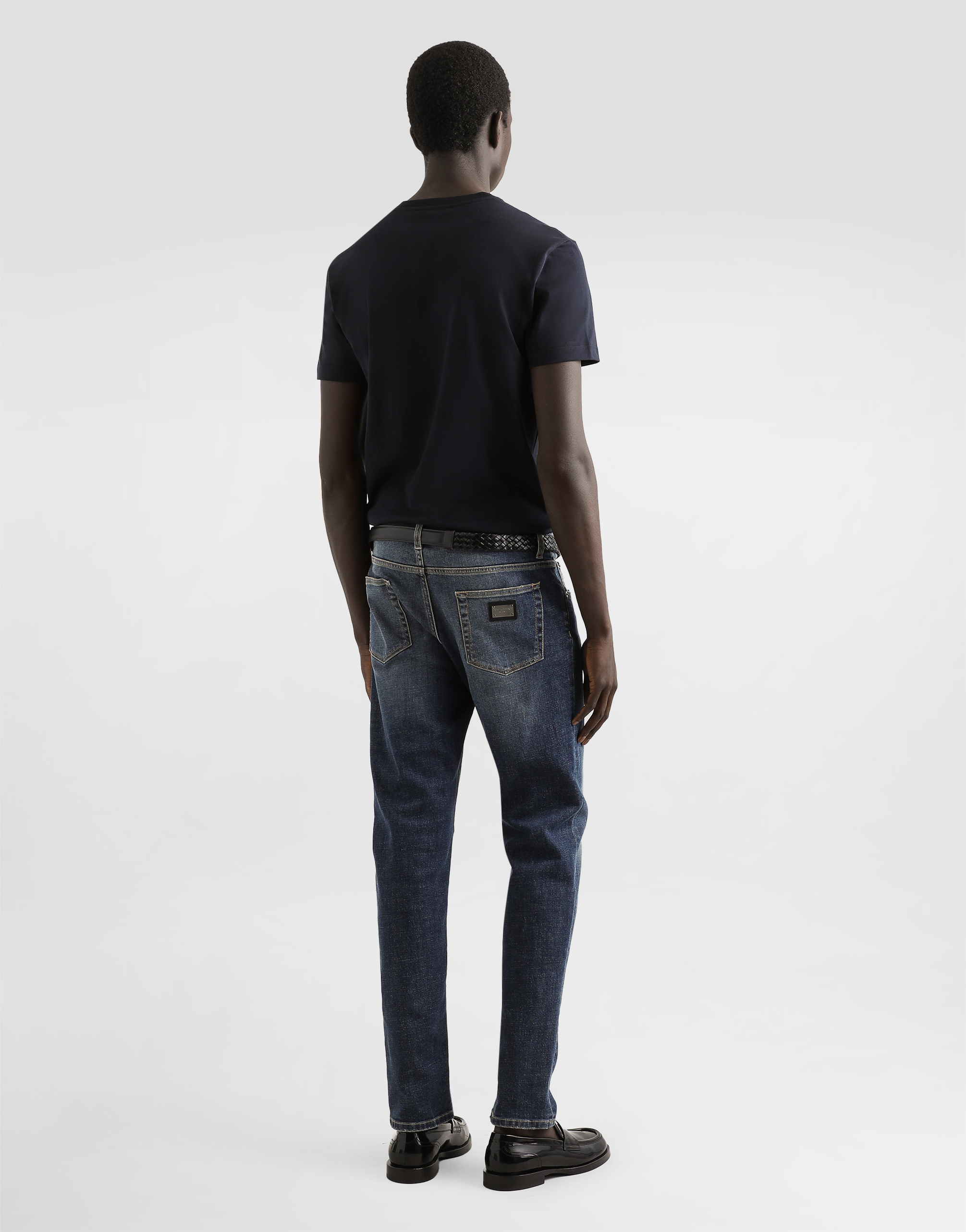 Dolce & Gabbana Black Crewneck T-shirt With Signature Logo In Cotton Man In Blue