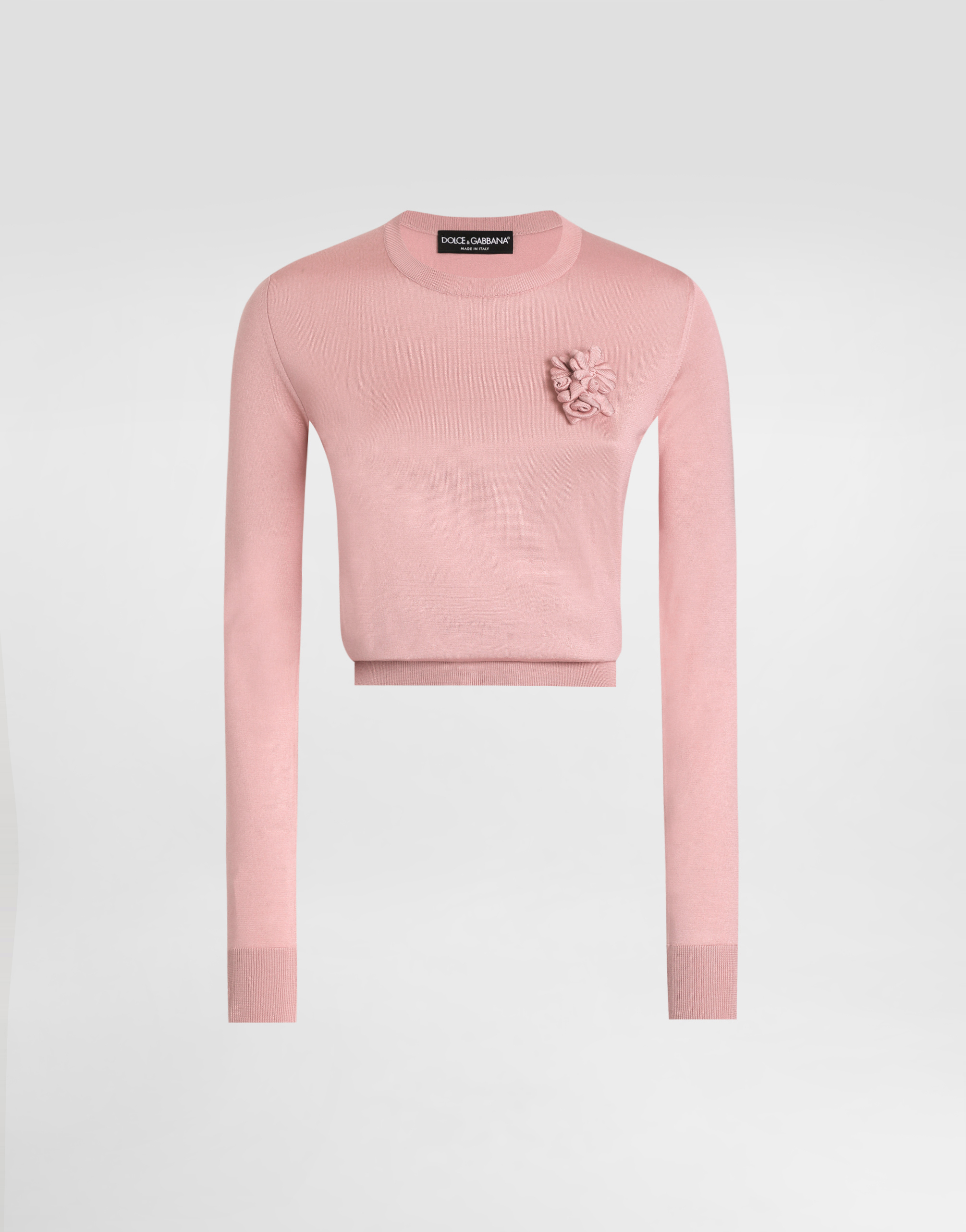 Dolce & Gabbana Long-sleeved Silk Sweater With Flower Embellishment - Woman Sweaters And Cardigans Pink