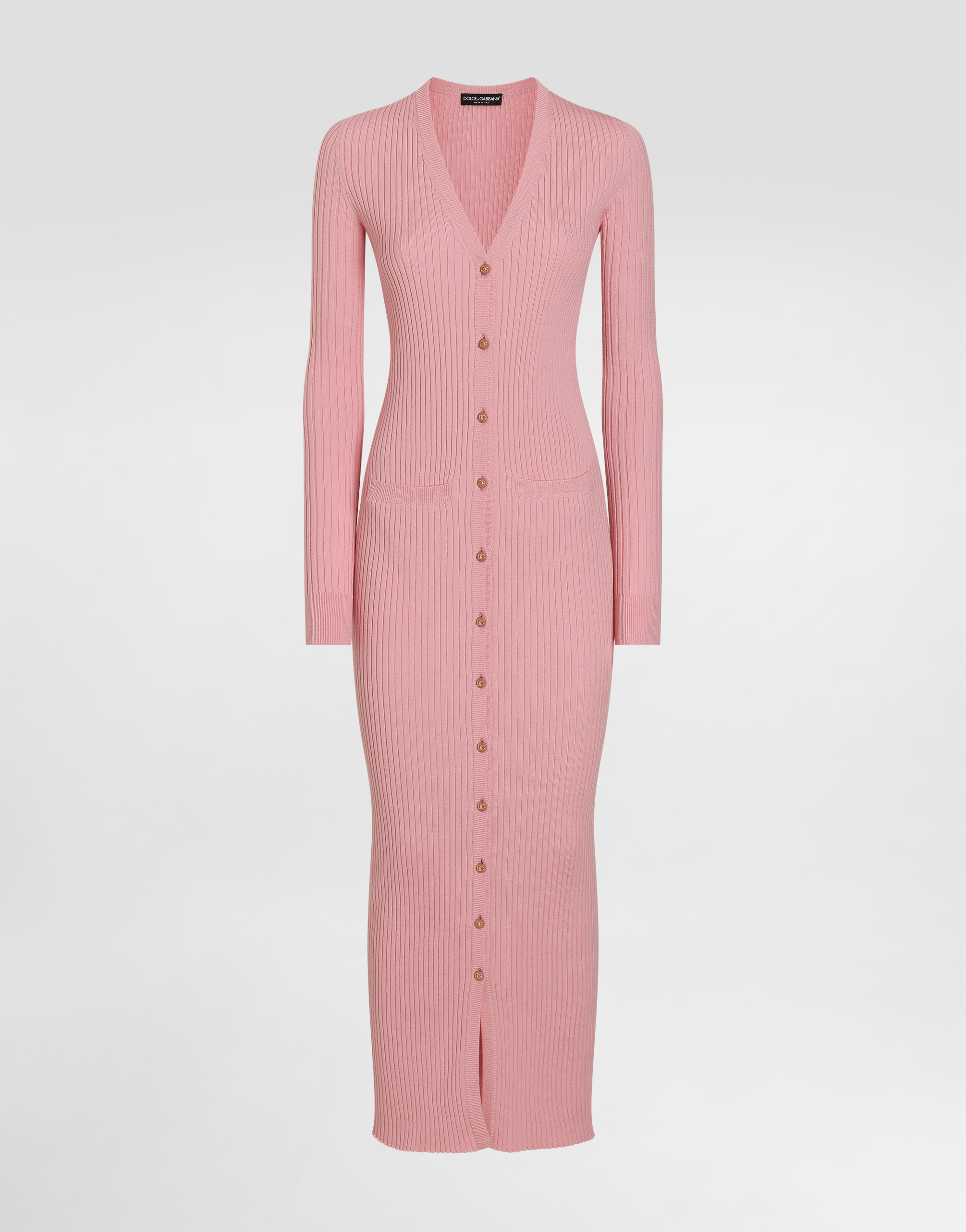 Dolce & Gabbana Long Ribbed Wool Cardigan In Pink