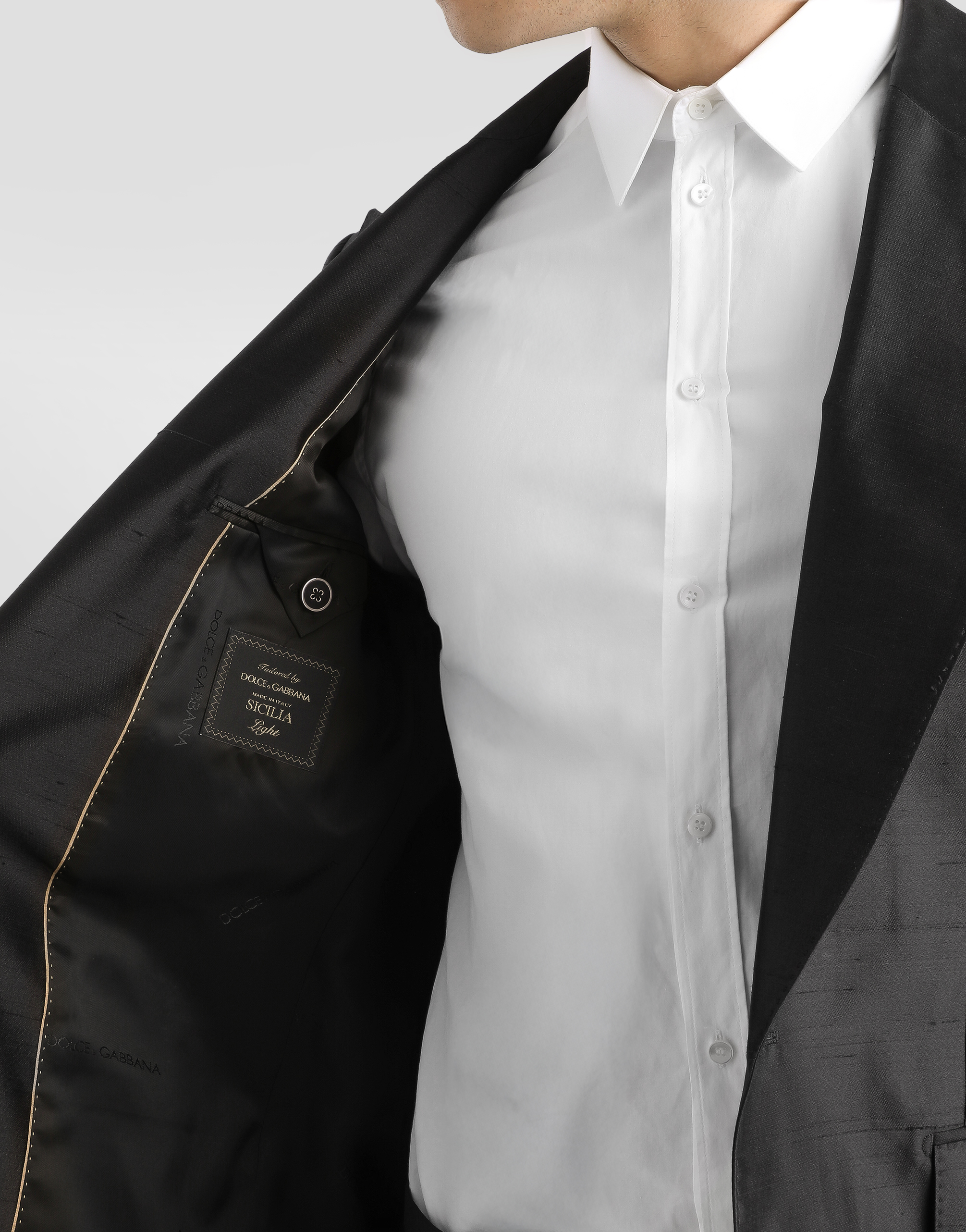 Double-breasted mikado shantung silk suit