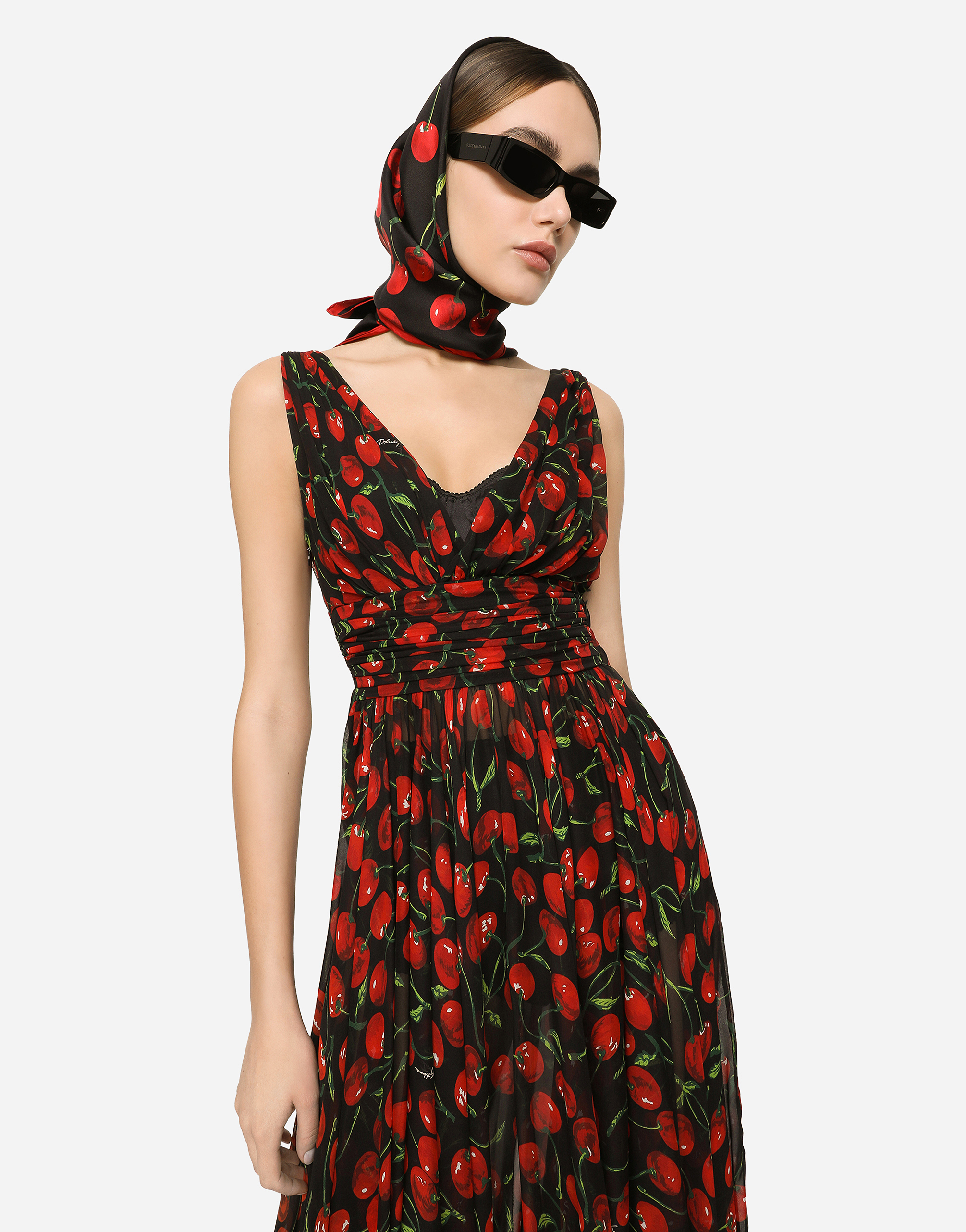 Shop Dolce & Gabbana Long Cherry-print Chiffon Dress In Multicolor